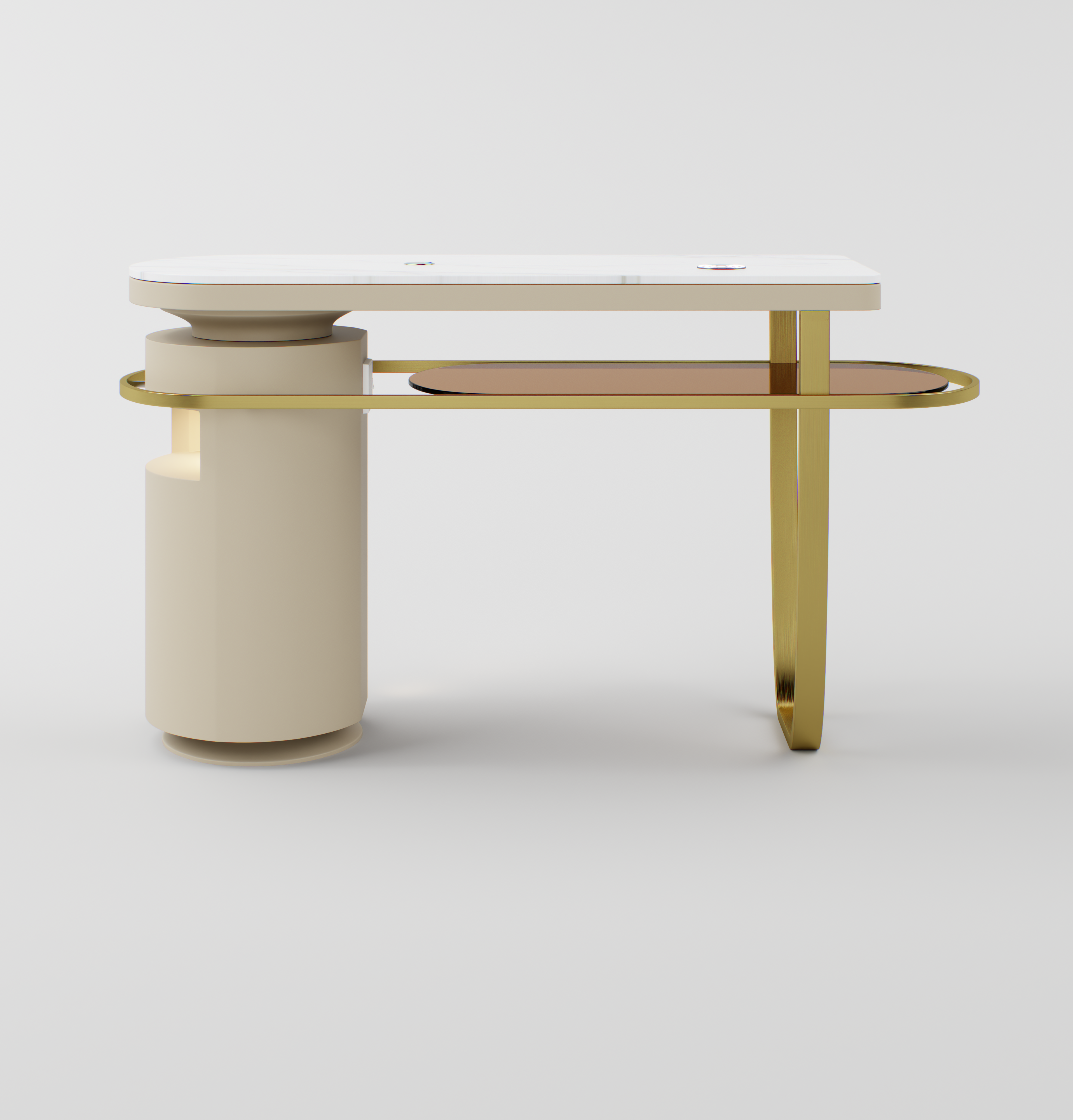 Nail Table showcasing the amber glass-style lower shelf supported by a curved gold frame.