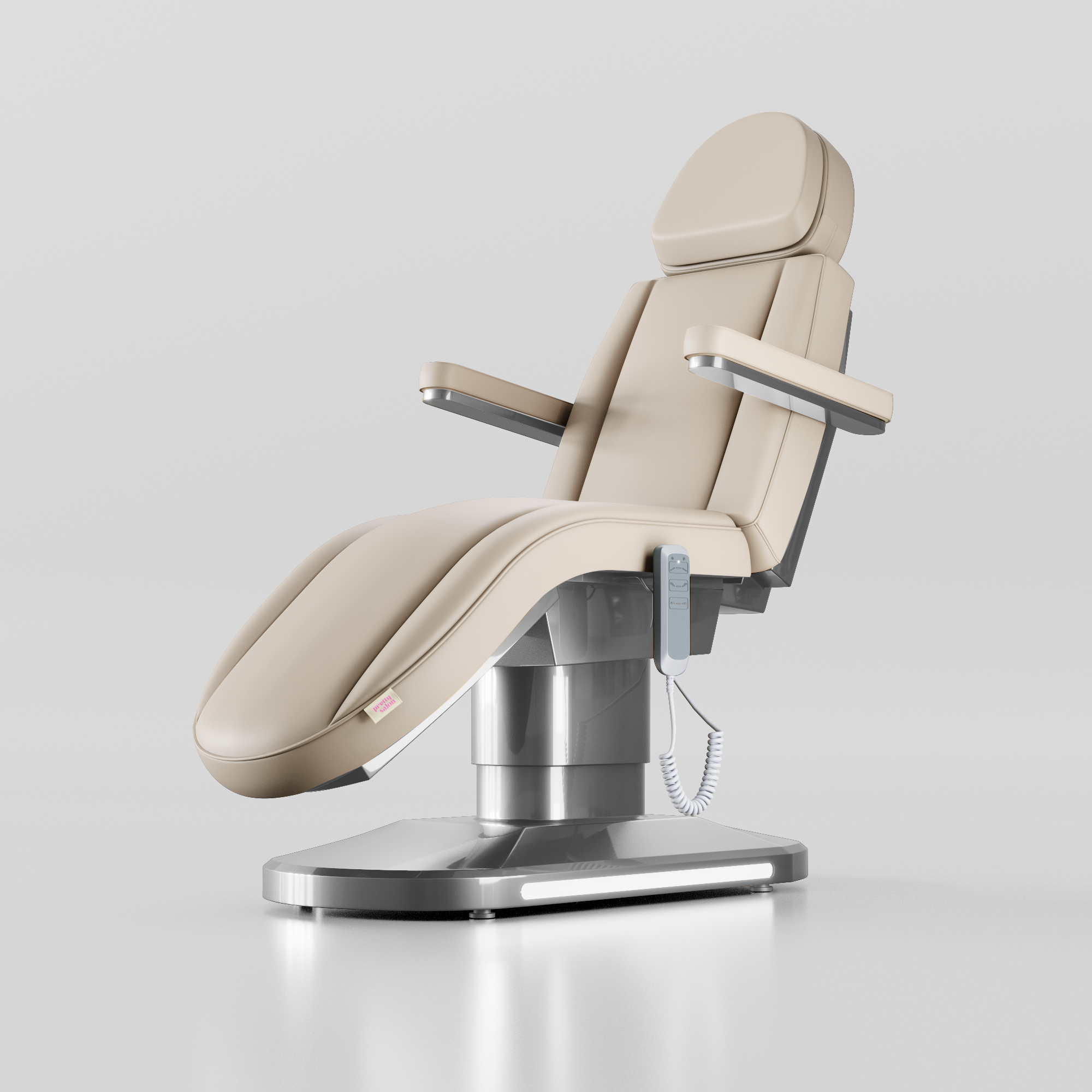 Nude curved electric beauty bed with silver base for salons, facials and aesthetic treatments