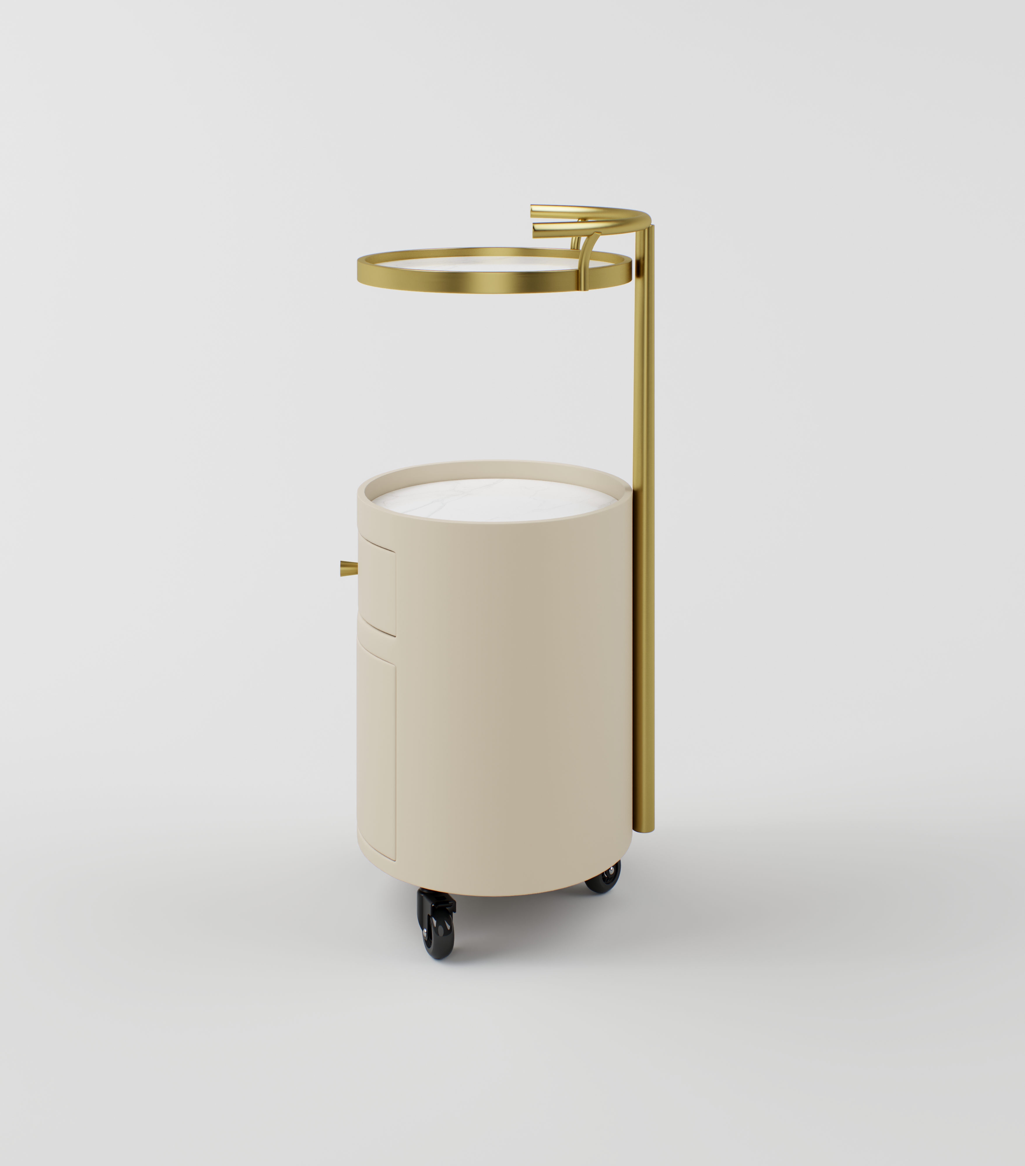 Elegant nude and gold trolley topped with durable sintered stone.