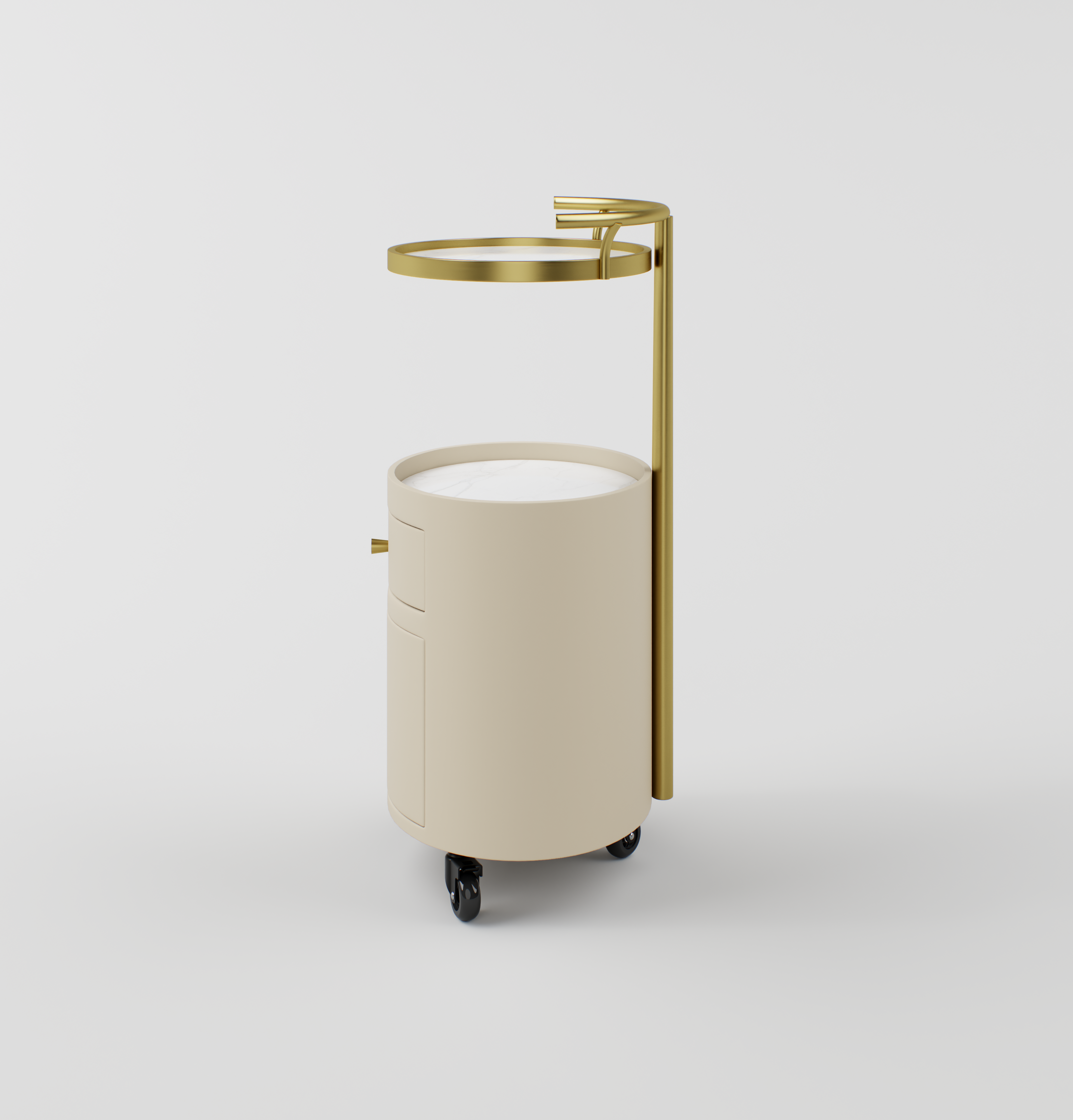 Elegant nude and gold trolley topped with durable sintered stone.