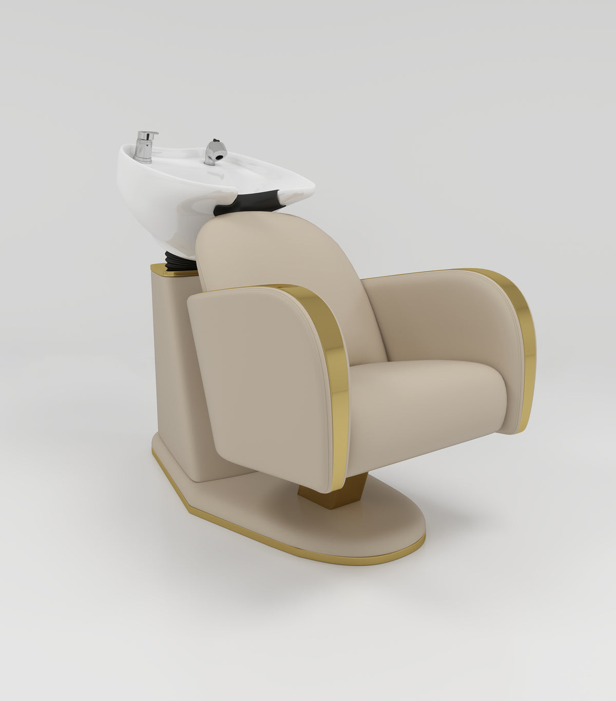 A modern salon shampoo chair with a beige upholstered seat and back, gold trim accents, and a white ceramic sink mounted on a matching beige pedestal base
