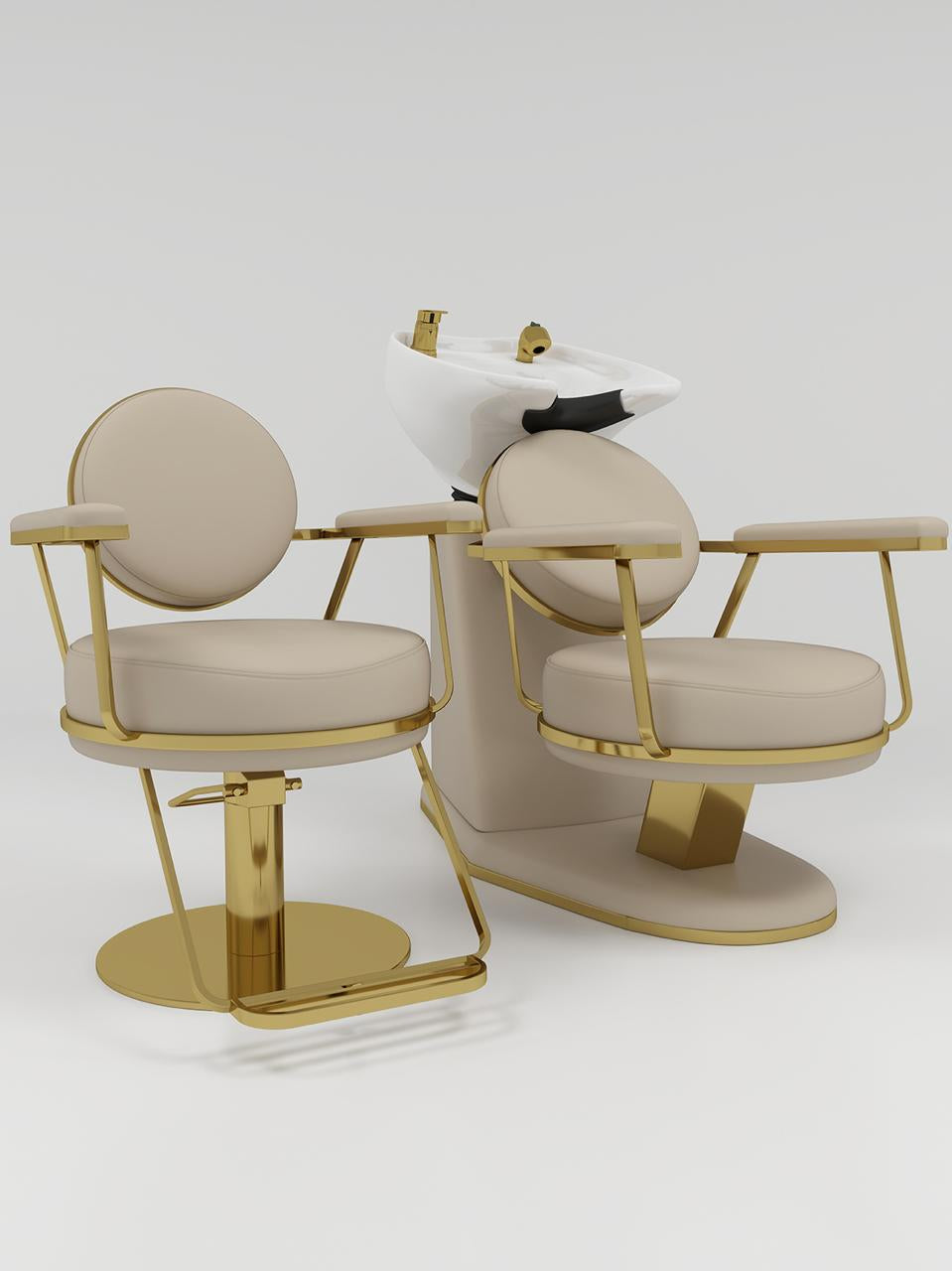 incluidng hair styling chair and hair basin in leather and stainless steel