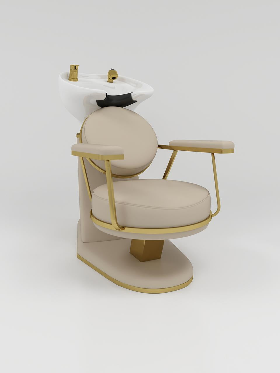 nude and gold hair bacwash unit with white sink