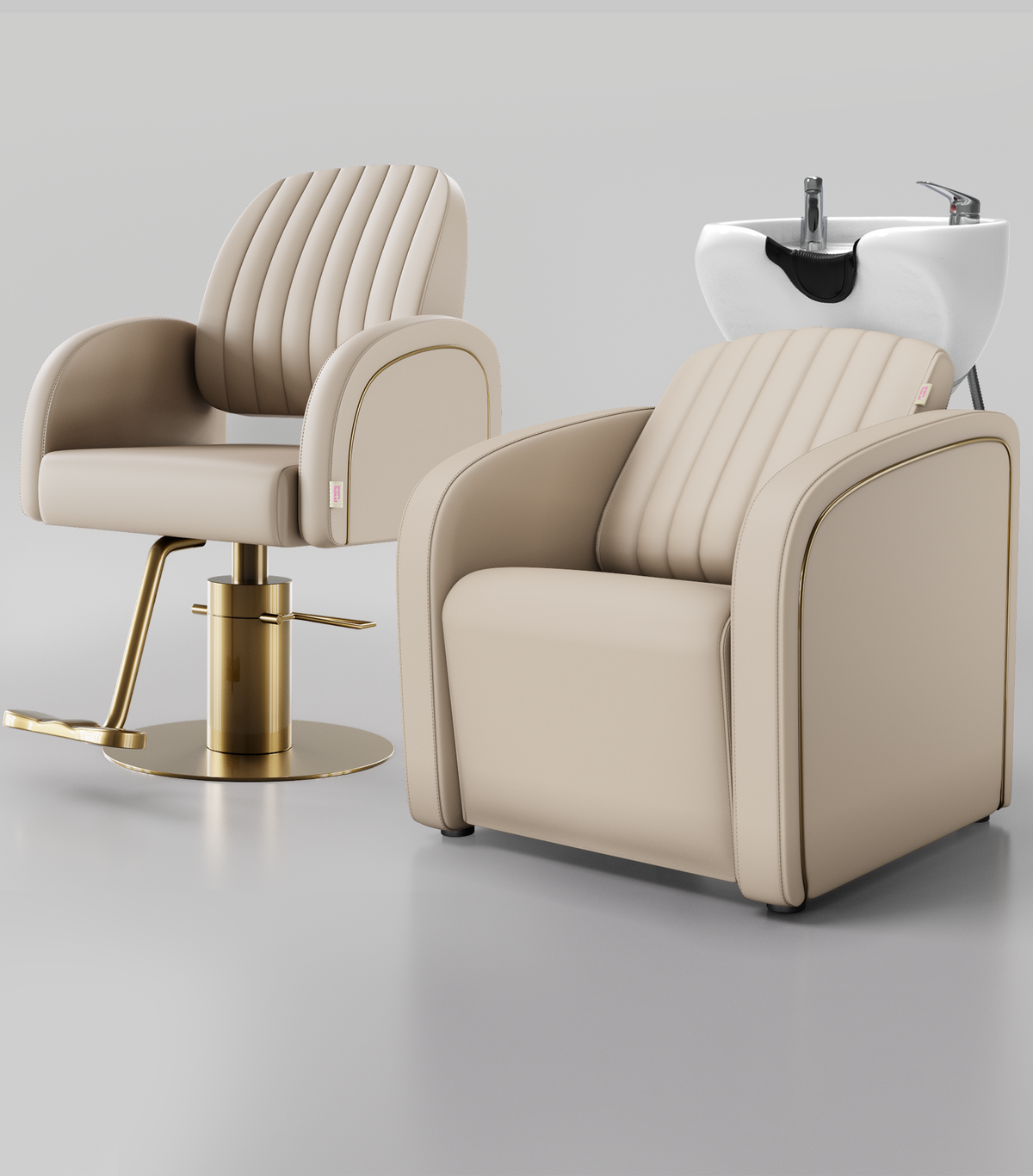 A beige salon chair and backwash unit st with a gold-tone base and a matching white hair wash bowl