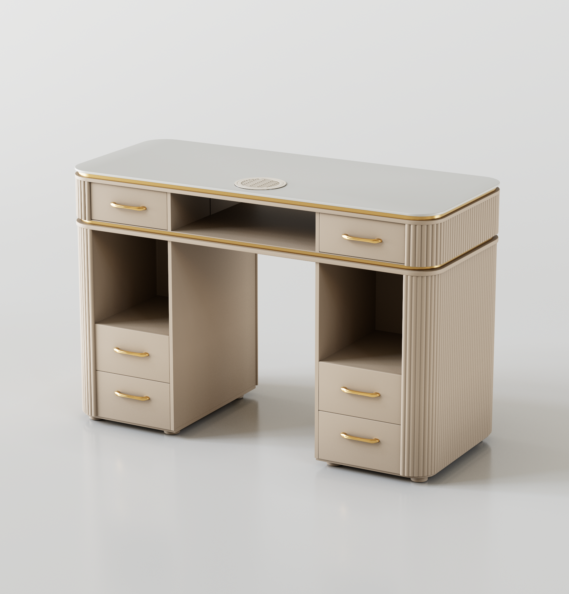 Beige nail desk for one person and gold handles, with fluted panels