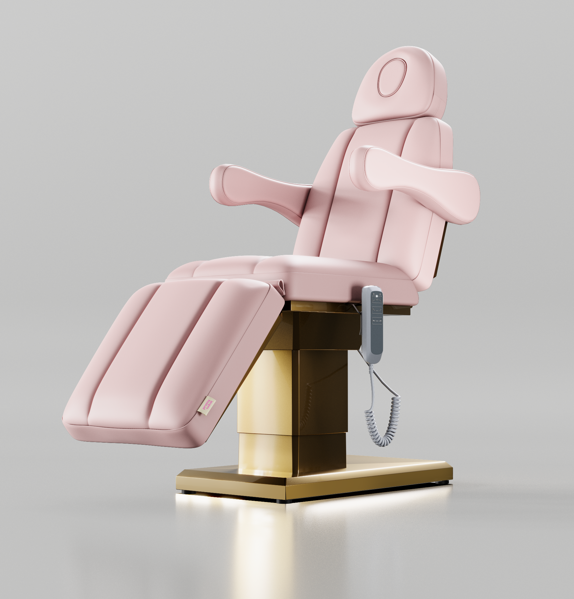 Pink leather electric beauty bed with gold base and hand control