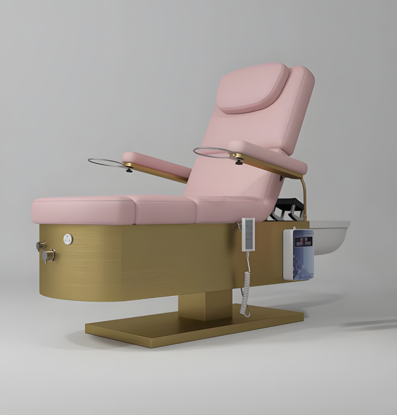 Electric Japanese Head Spa Bed with Foot Spa in Leather and Gold Base