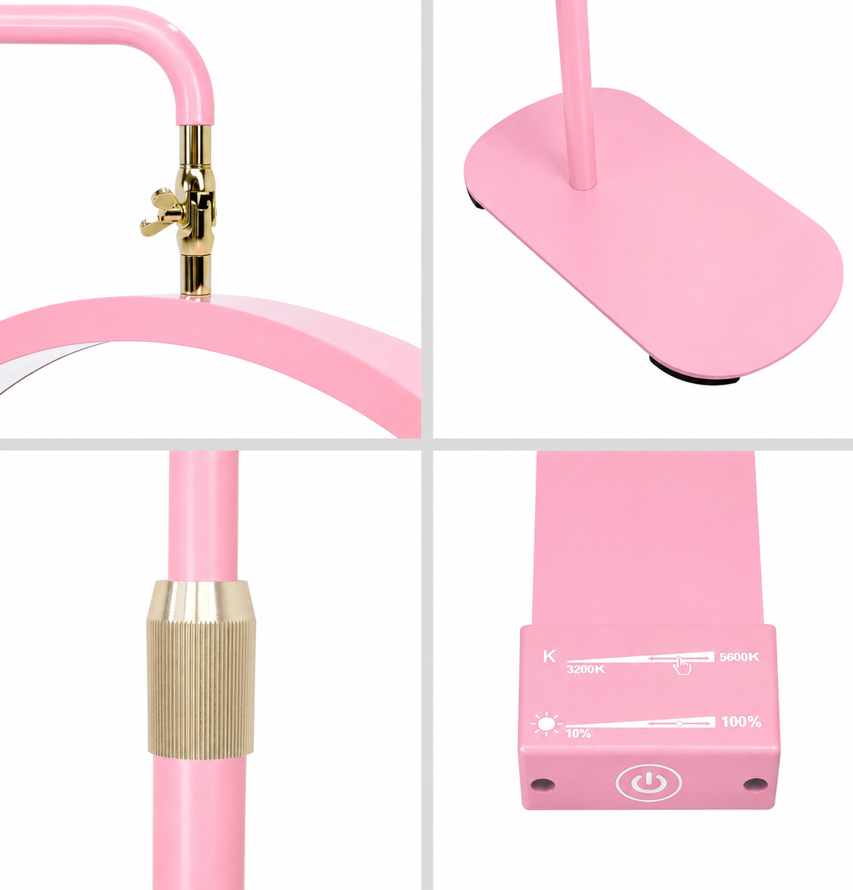 Detailed view of the premium pink finish, gold fittings, control panel and sturdy base