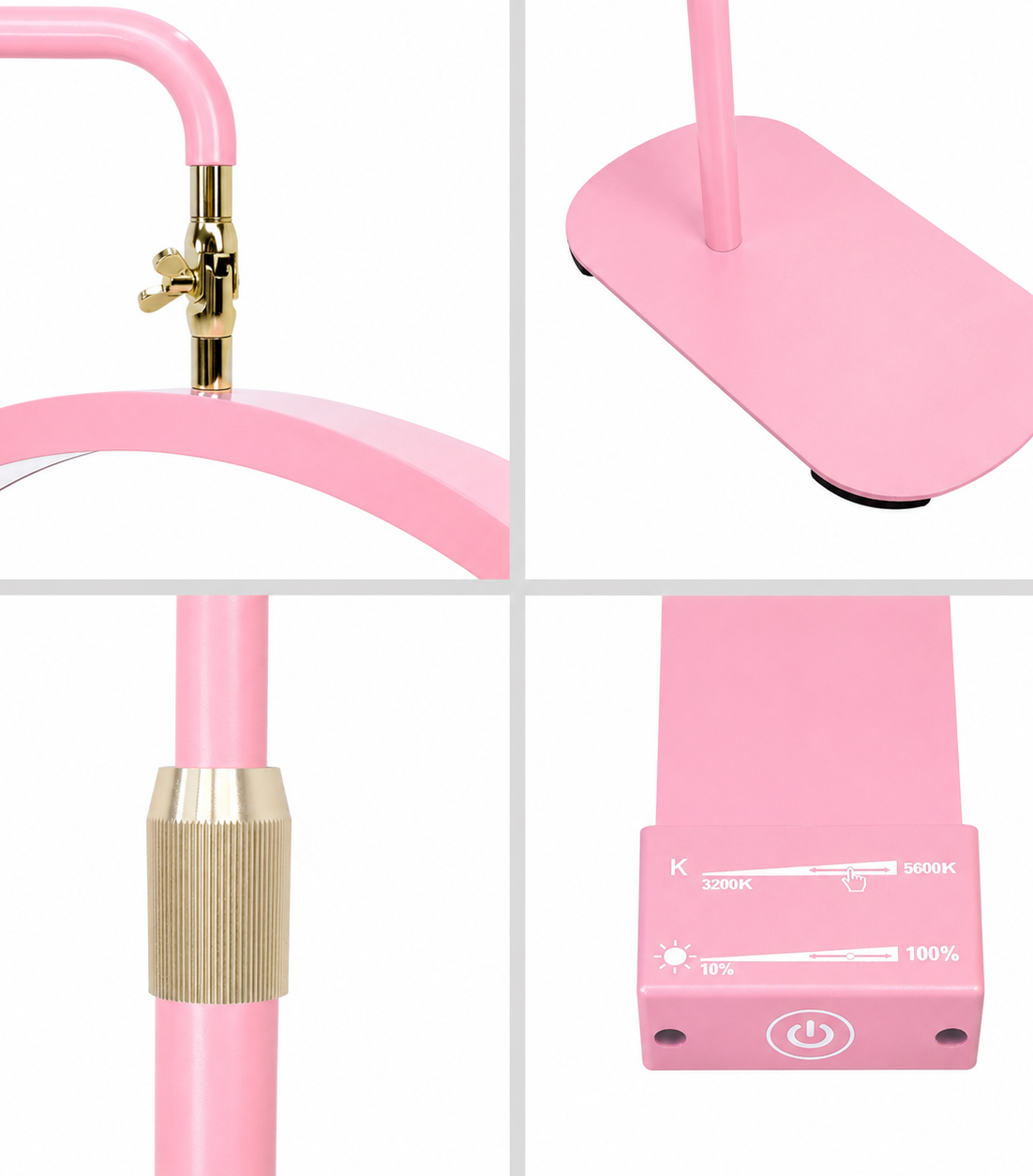 Detailed view of the premium pink finish, gold fittings, control panel and sturdy base