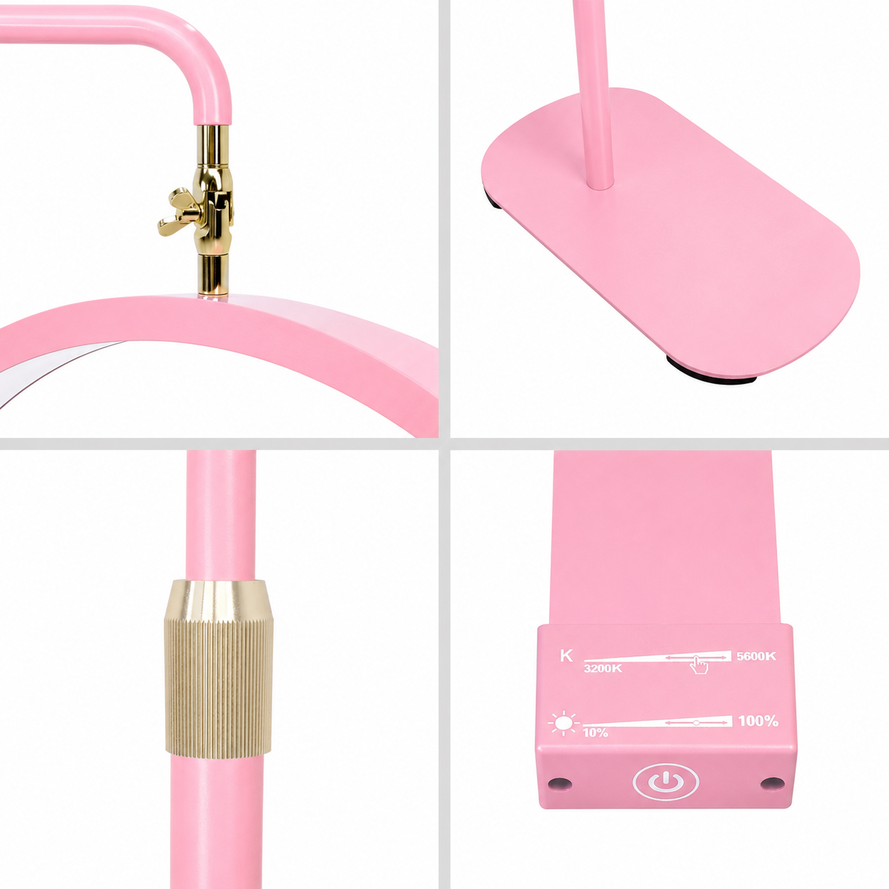 Detailed view of the premium pink finish, gold fittings, control panel and sturdy base