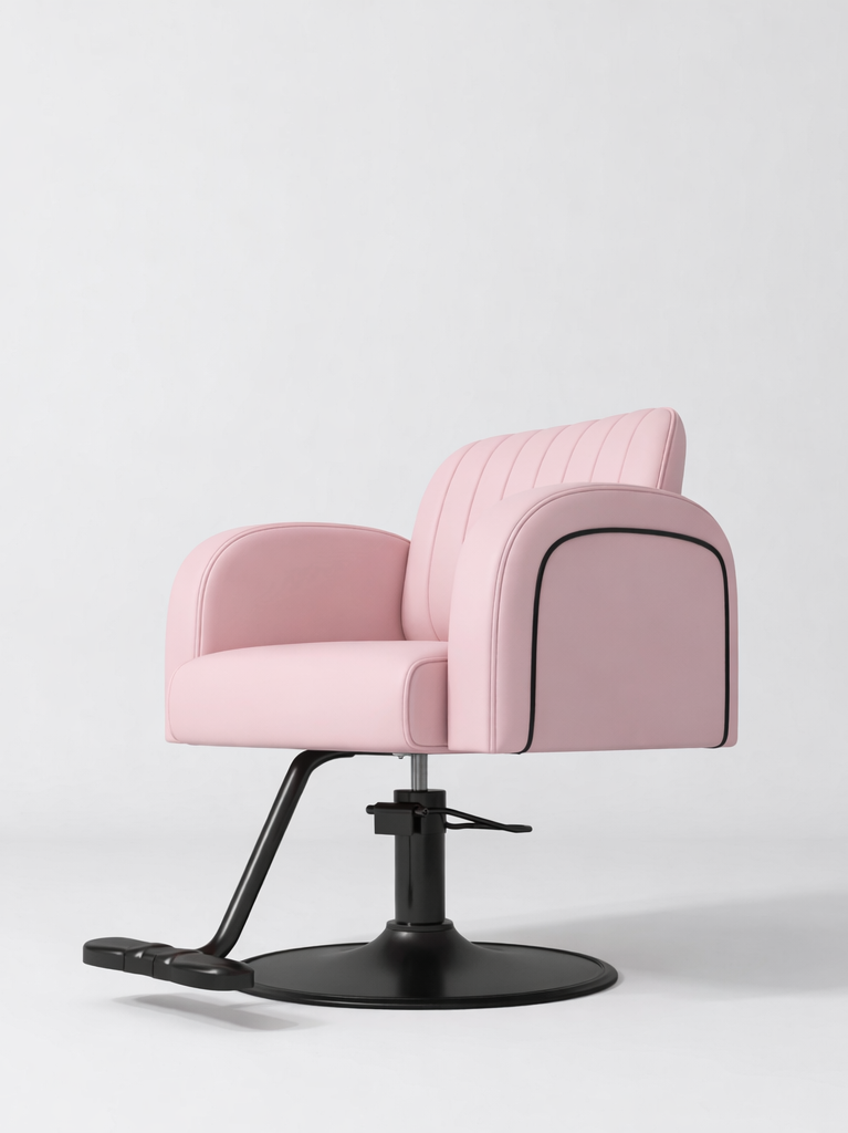 Pink Leather Hairdressing Chair with Black Accessories and Circle Black Base