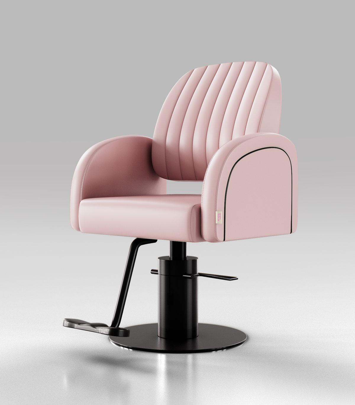 Pink Leather Hairdressing Chair with Black Accessories and Circle Black Base