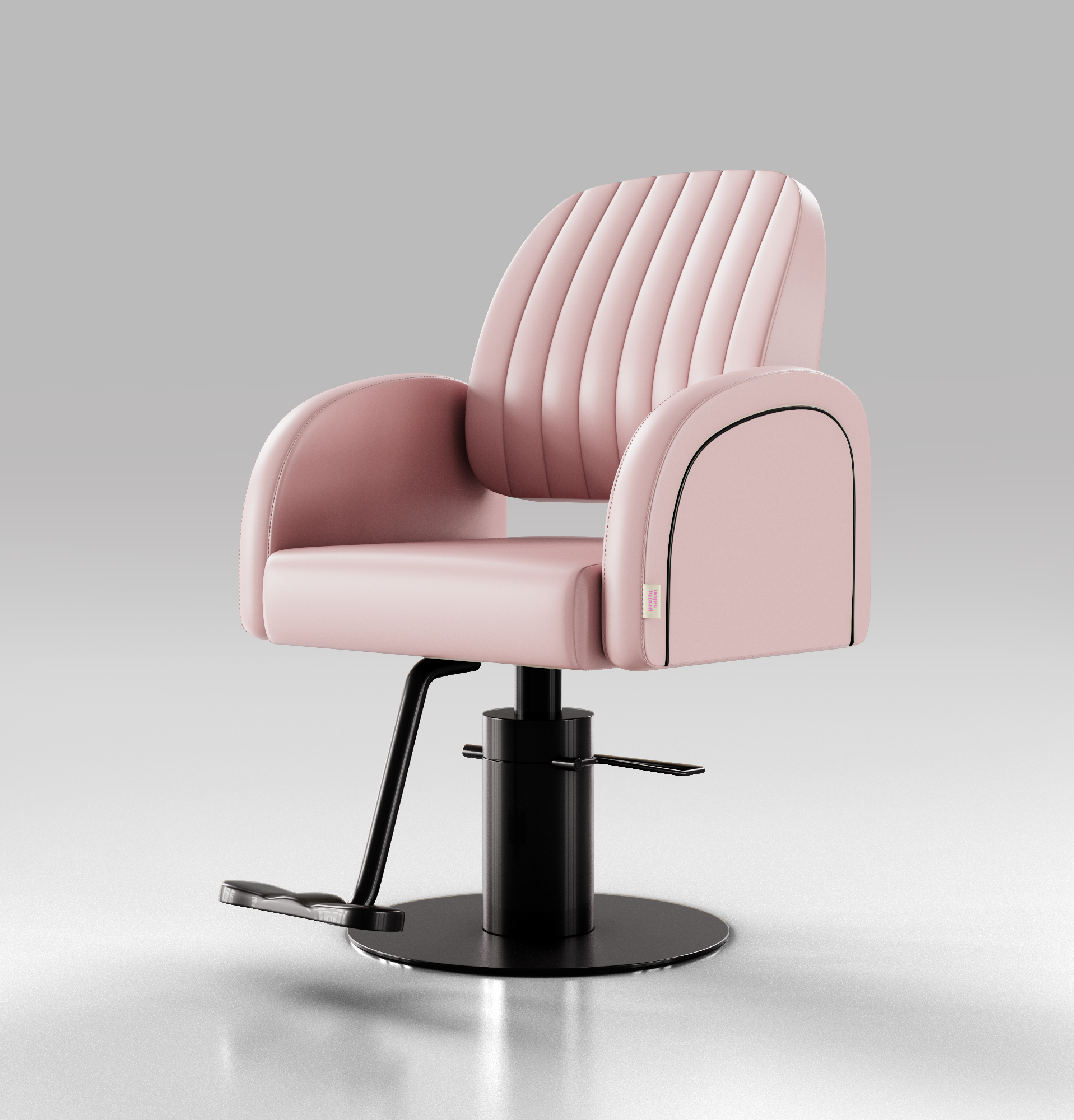 Pink Leather Hairdressing Chair with Black Accessories and Circle Black Base
