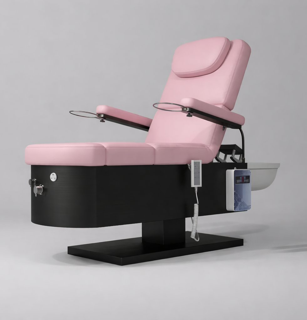 multi purpose treatment bed in pink for massages, head spa and foot spa