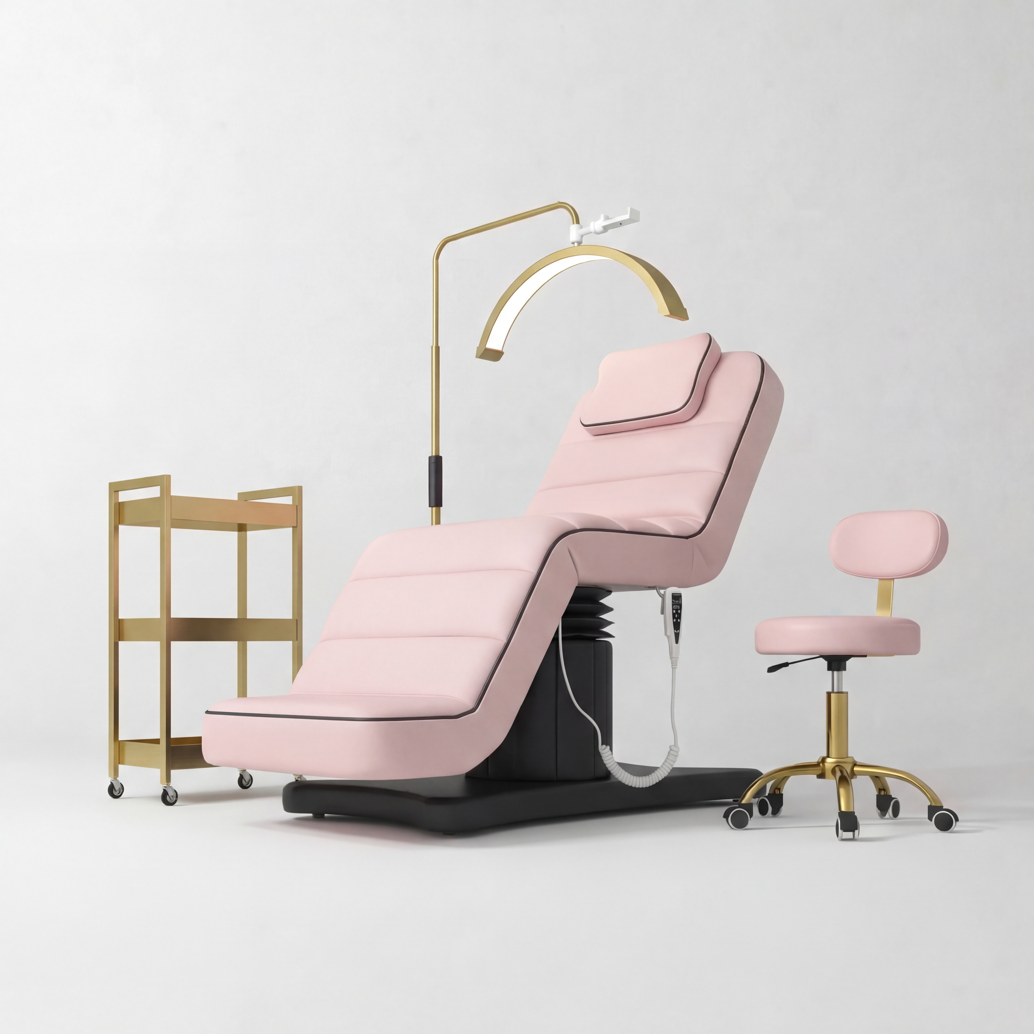 Pink Leather Salon Bed, with Pink and Gold Stool and Gold Moonlght and Trolley