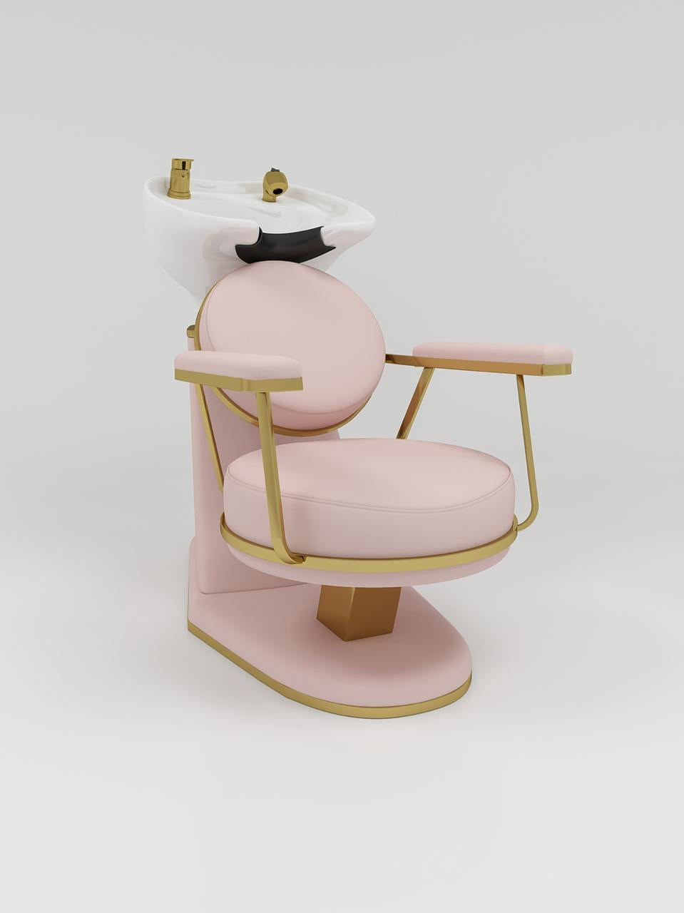 pink backwash unit with circle back and gold accessories