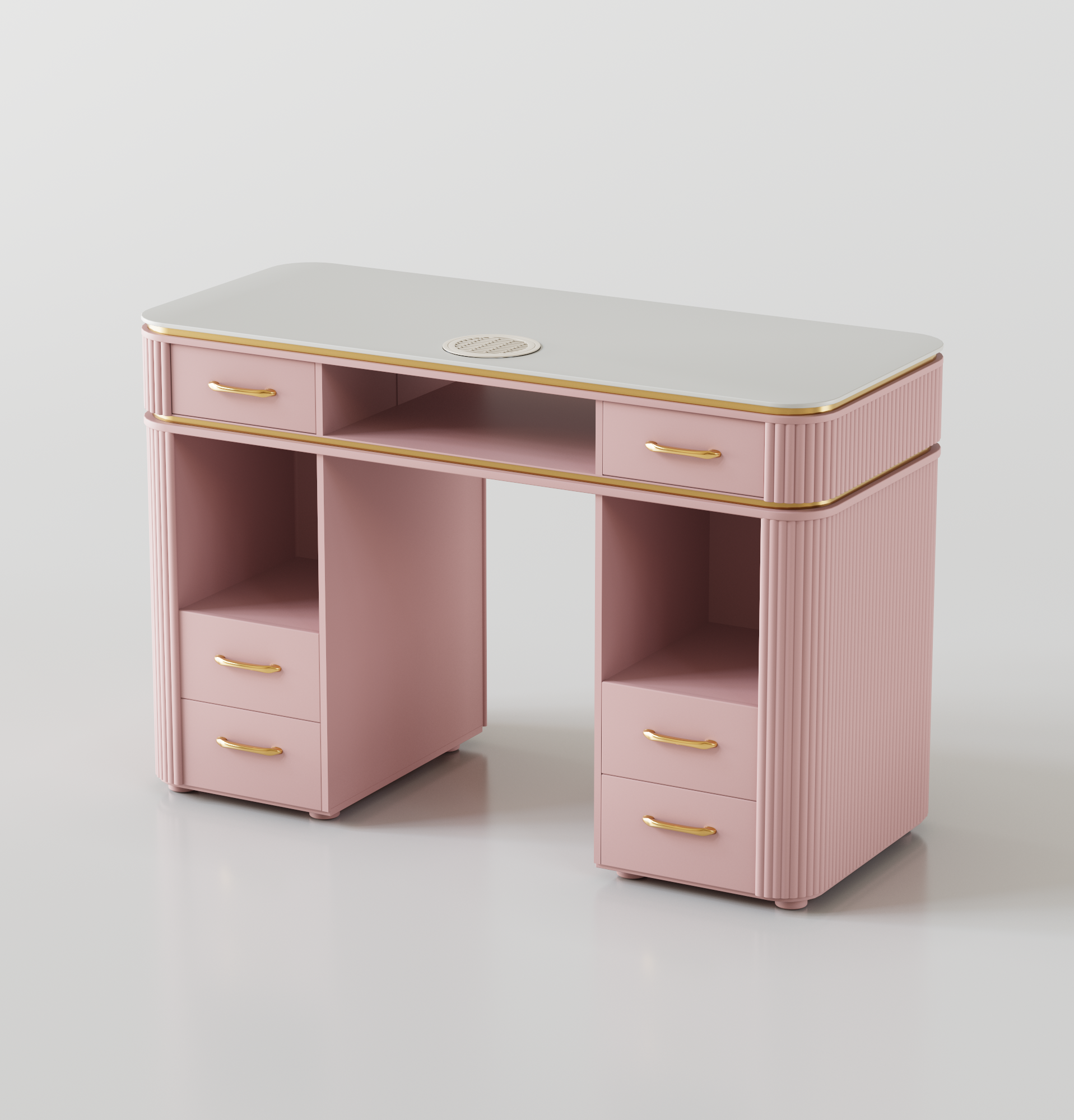 Luxury modern pink nail desk for nail salons, with gold handles
