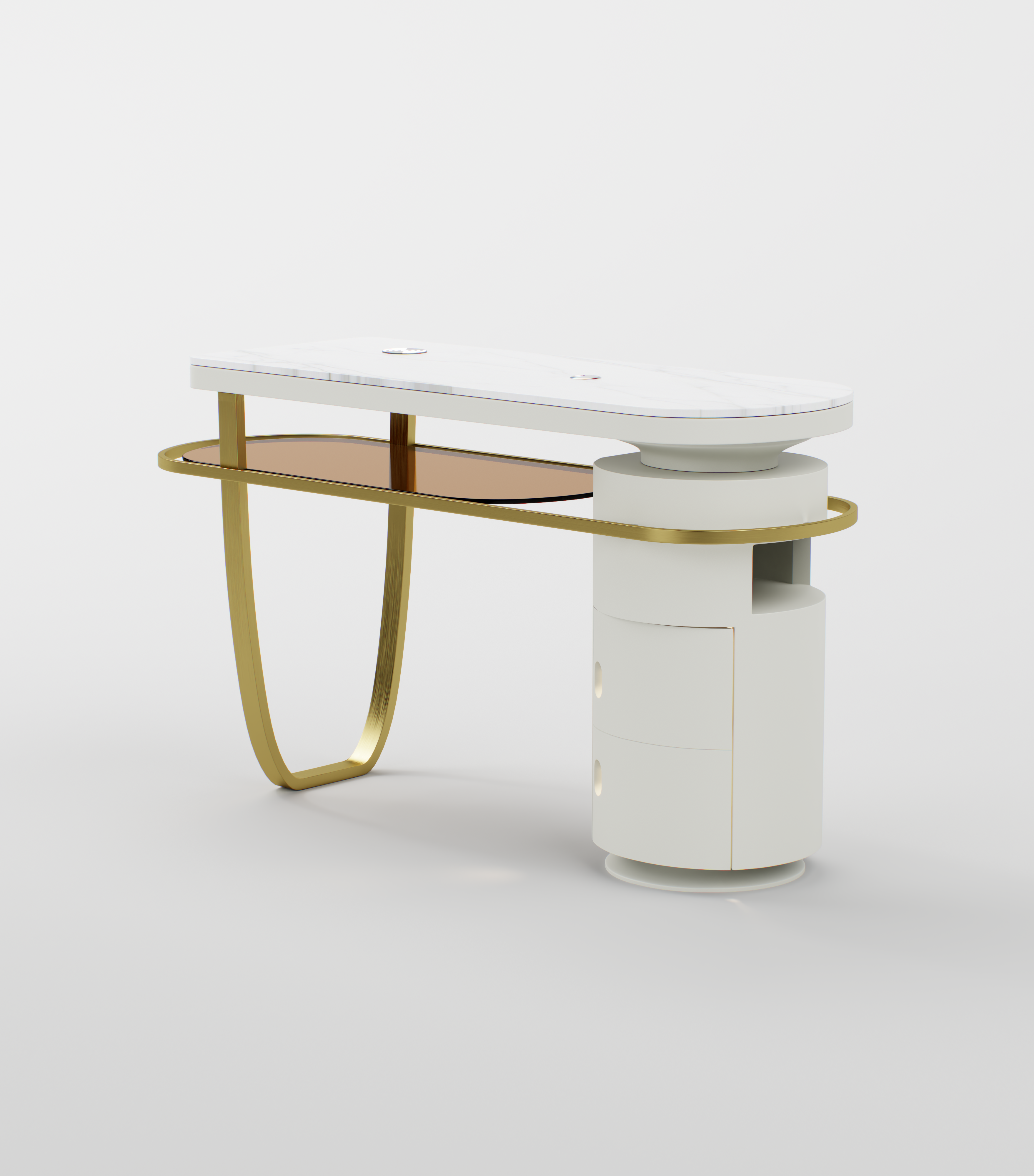 Full view of the professional manicure table combining sintered stone, stainless steel, and integrated charging features.