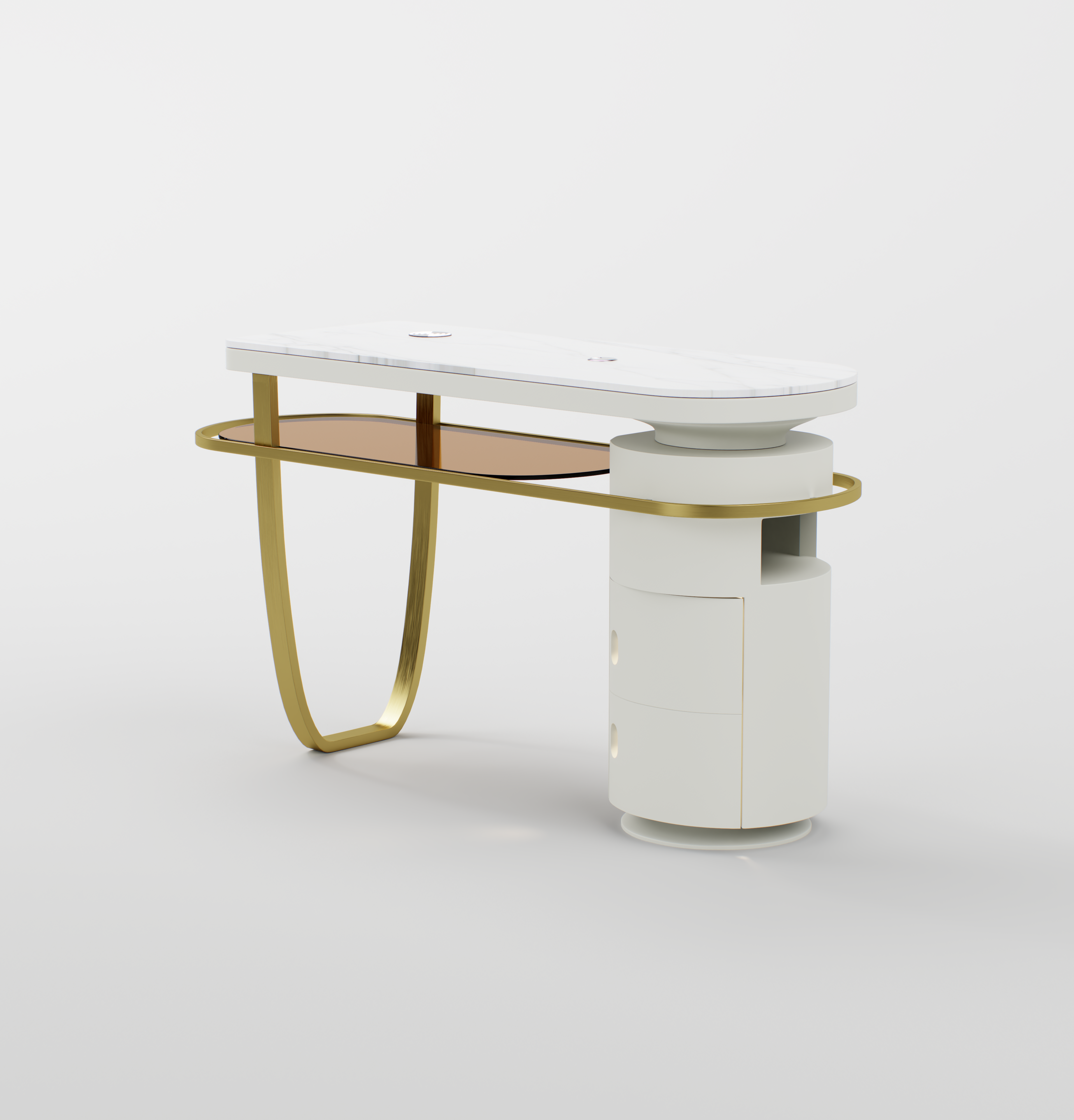 Full view of the professional manicure table combining sintered stone, stainless steel, and integrated charging features.