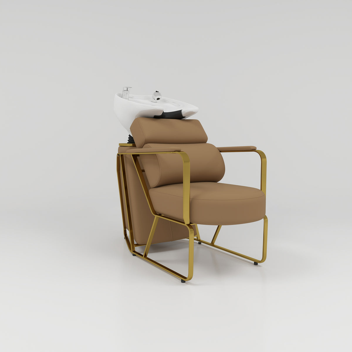 Brown Padded Shampoo Chair with Gold Legs, White Bowl and Silver Taps