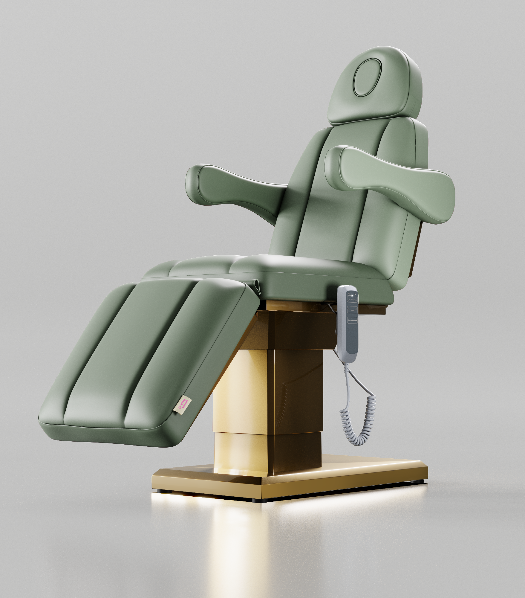 Aesthetics treatment bed in sage green, with removable arms