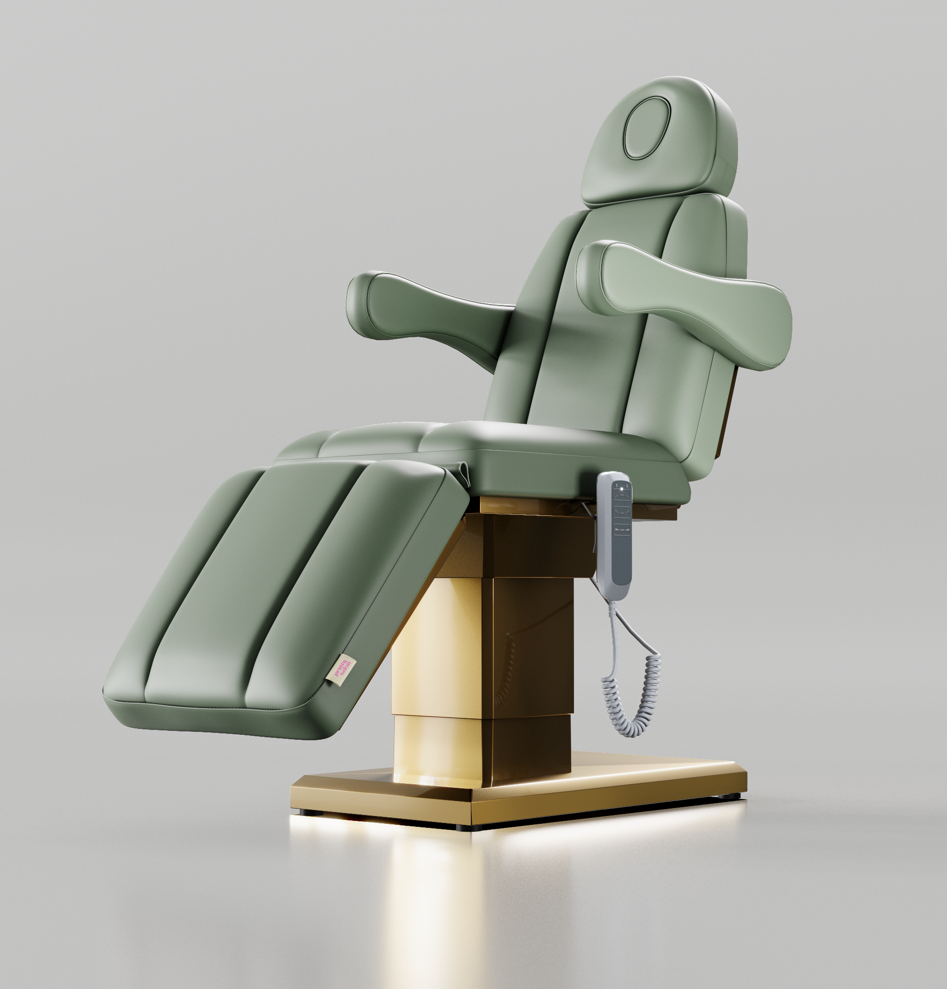 Aesthetics treatment bed in sage green, with removable arms