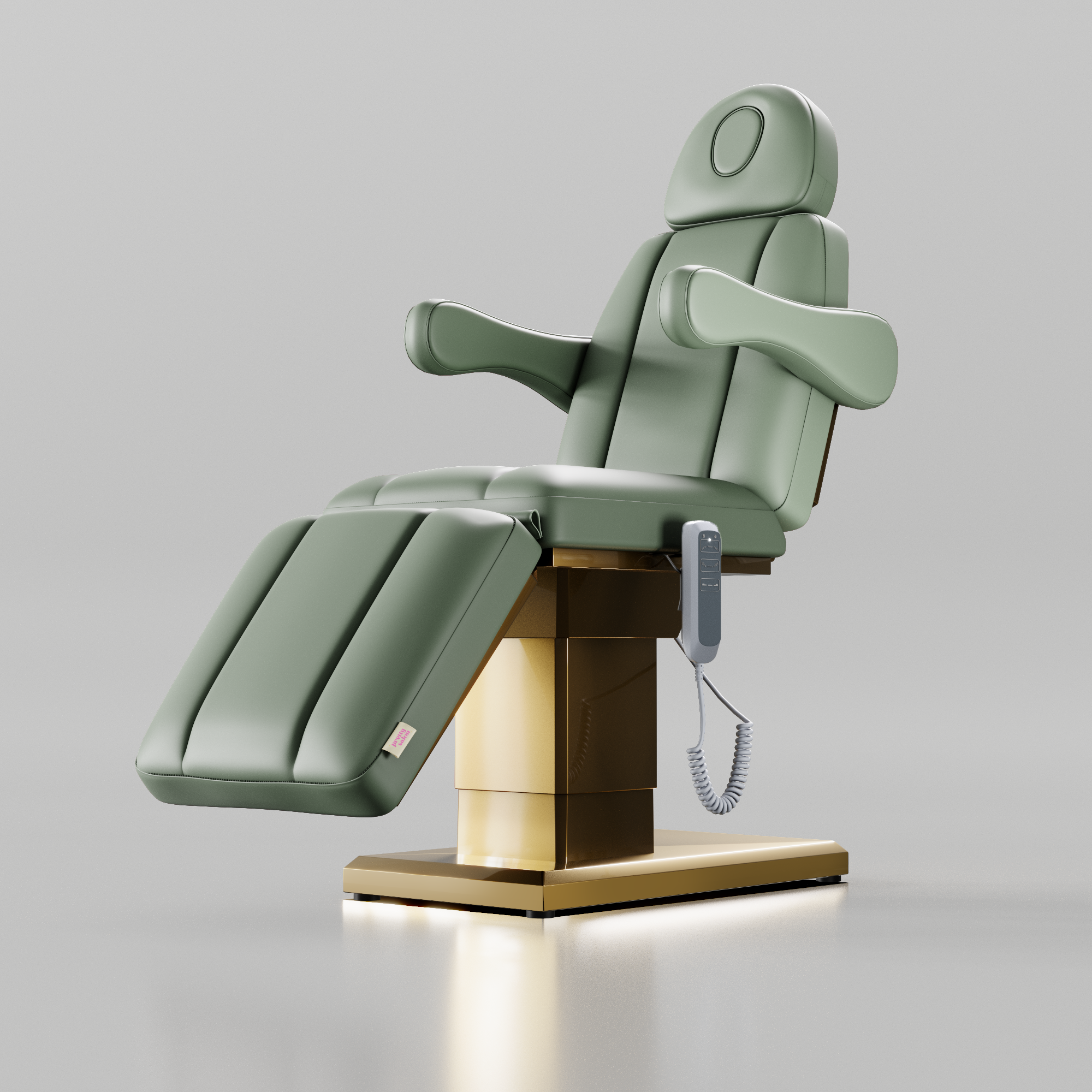 Aesthetics treatment bed in sage green, with removable arms