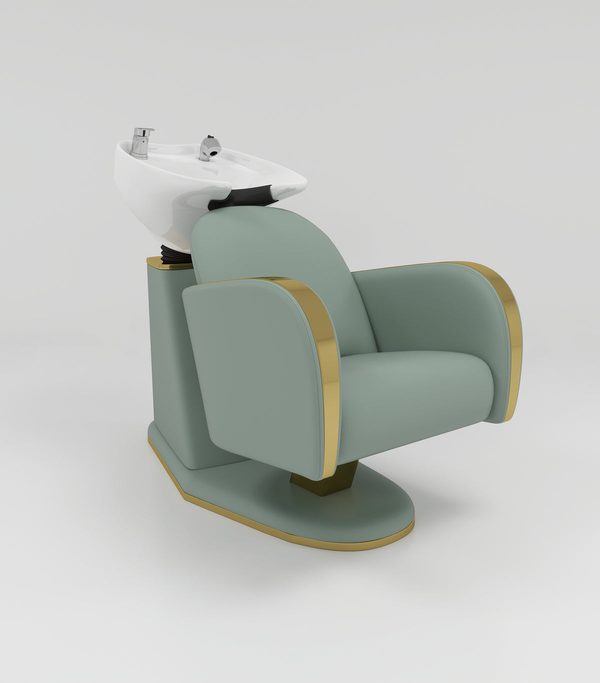 A modern salon chair with a built-in shampoo bowl. The chair features a sage green upholstered seat and backrest with gold trim, supported by a matching sage green base.