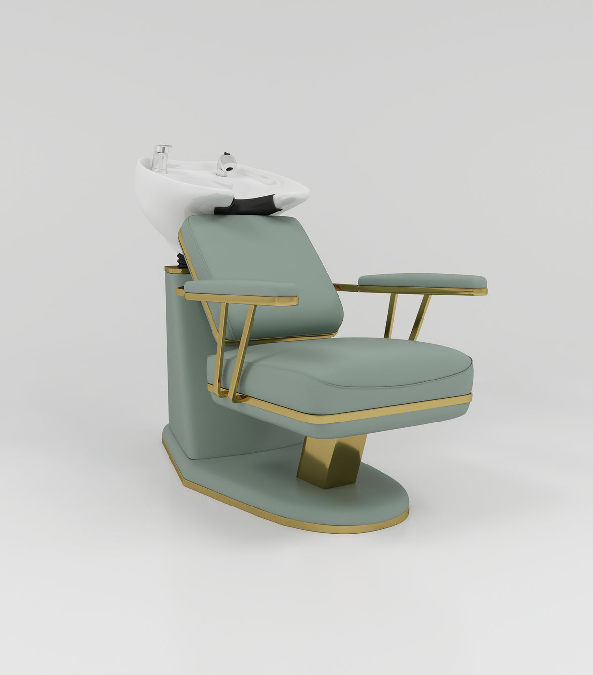 Sage Green and Gold Trimed Backwash Unit with White Bowl and Silver Taps