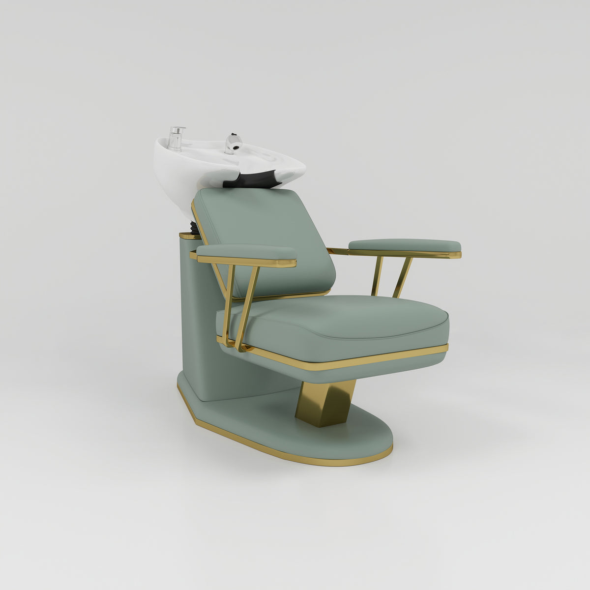 Sage Green and Gold Trimed Backwash Unit with White Bowl and Silver Taps