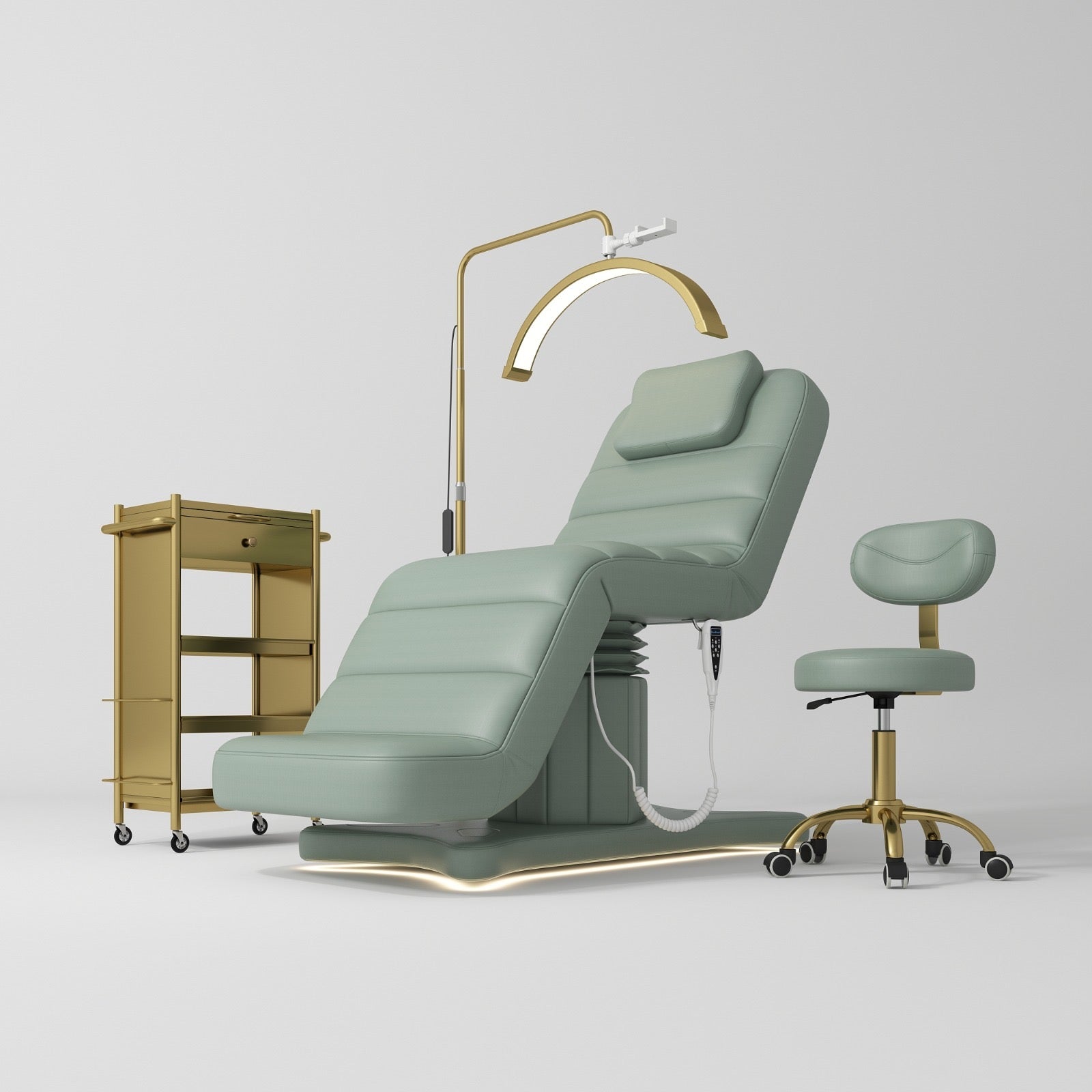 Sage Green Electric Bed with Gold Trolley, Stool and Light