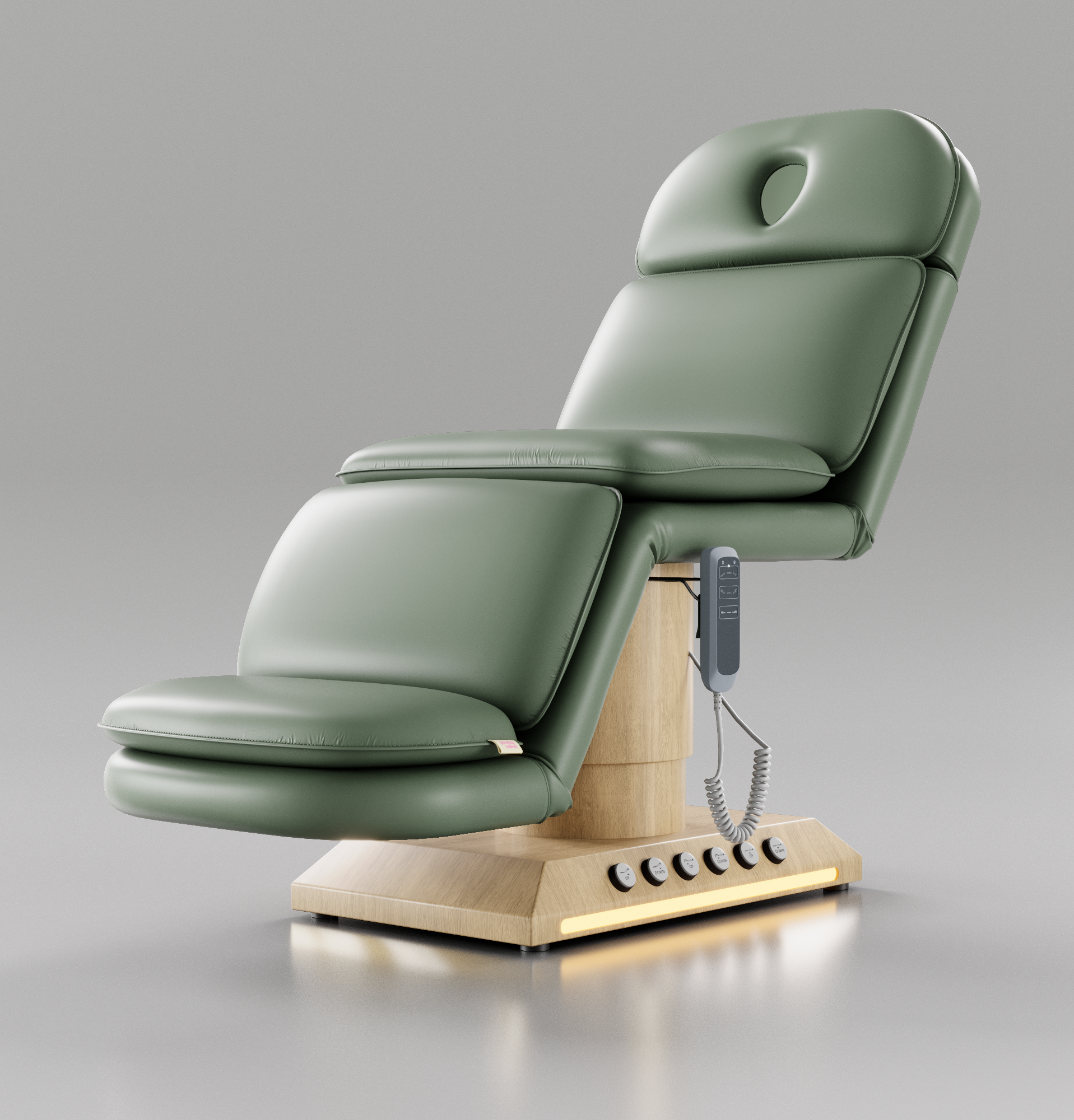 Sage green padded beauty bed with hand remote