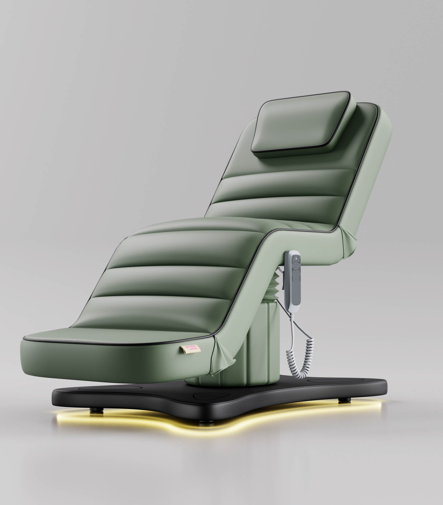 Sage green electric beauty bed with black base and black piping detail