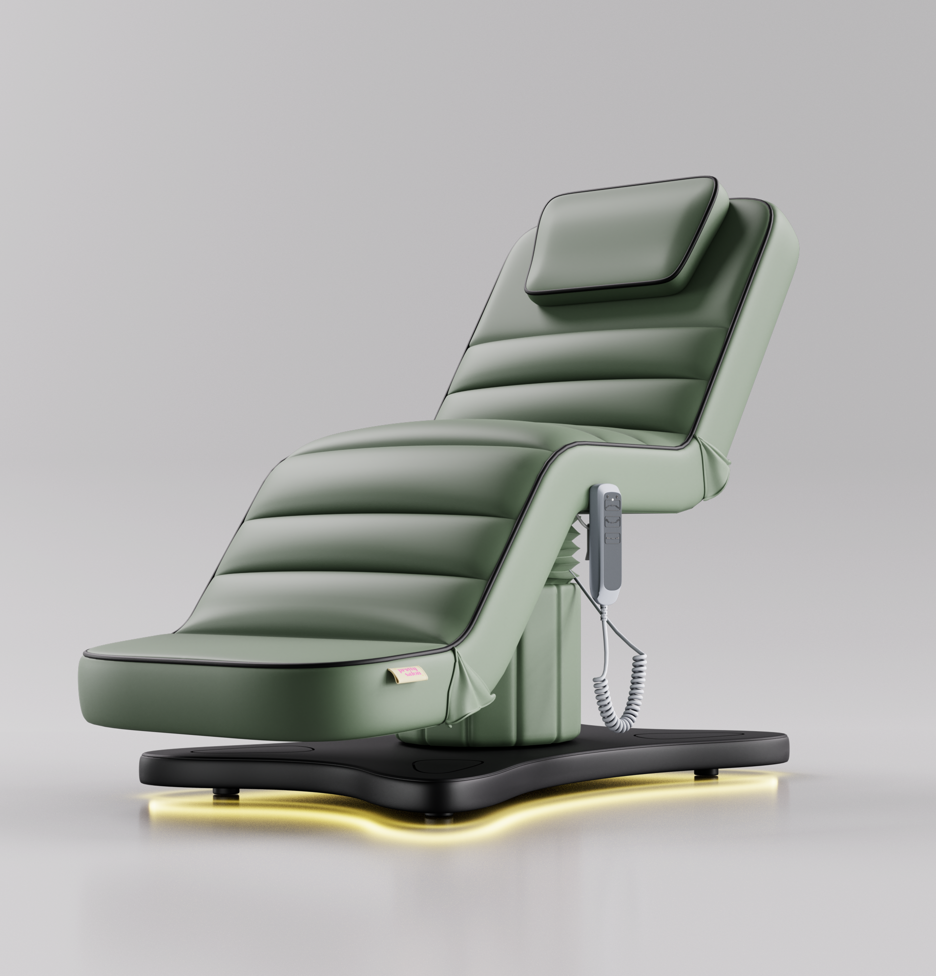 Sage green electric beauty bed with black base and black piping detail
