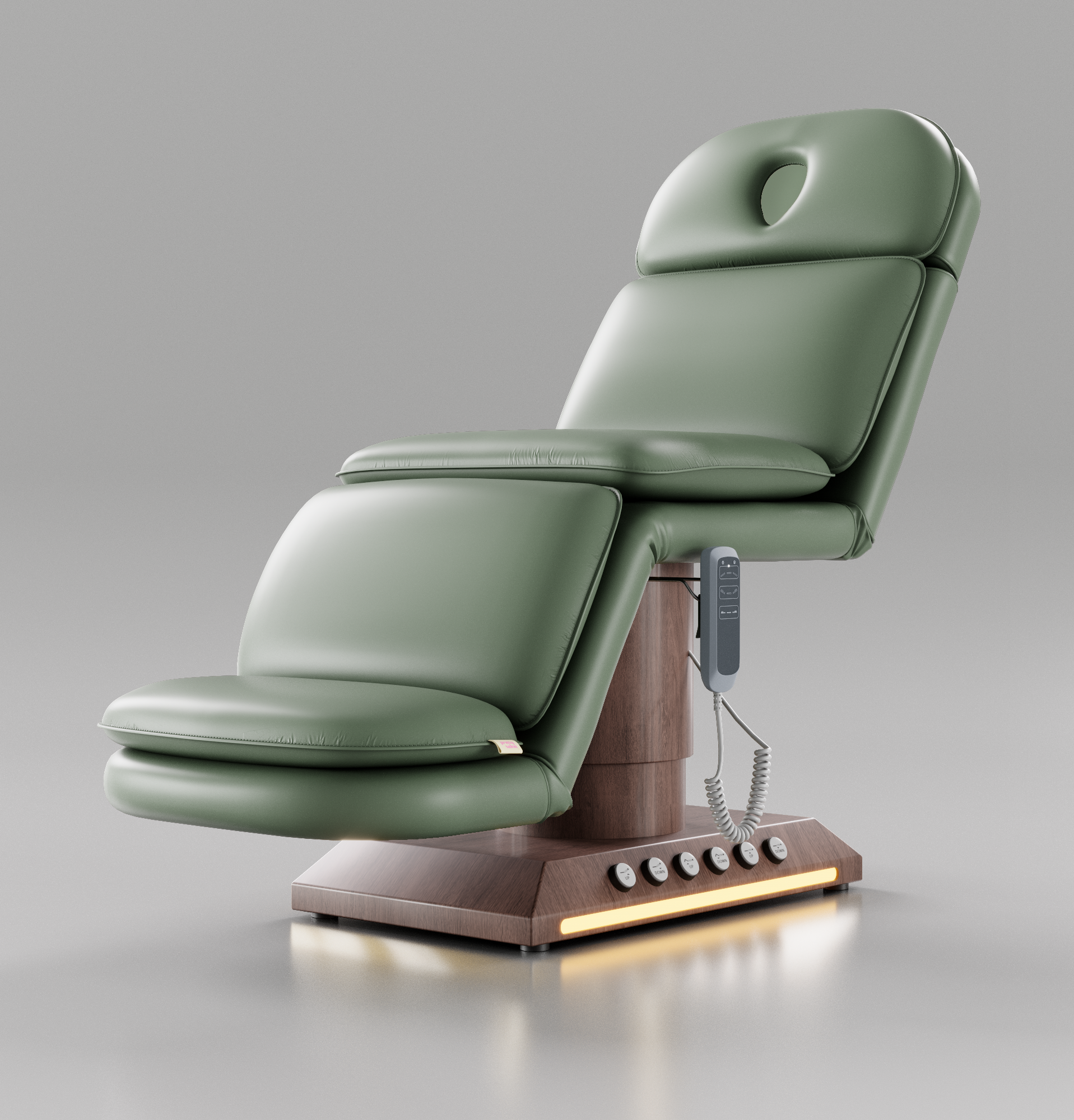 Green Leather Padded Beauty Bed with Wood Base including Foot controls