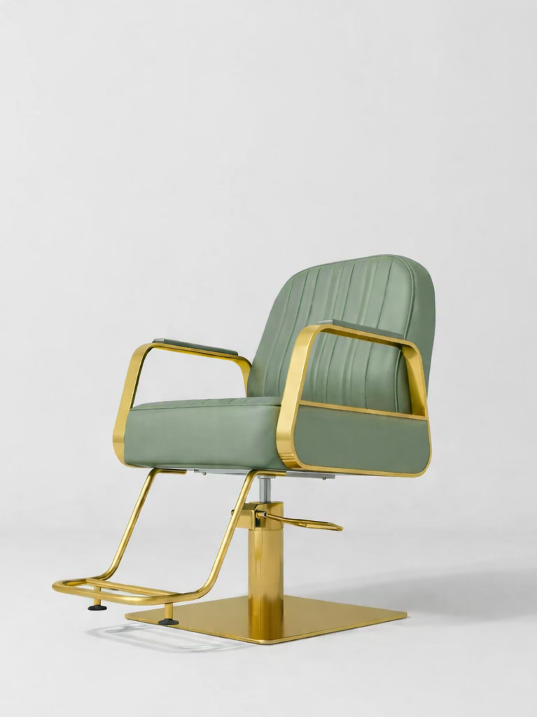 Green Hair Chair with Gold Footrest and Square Base