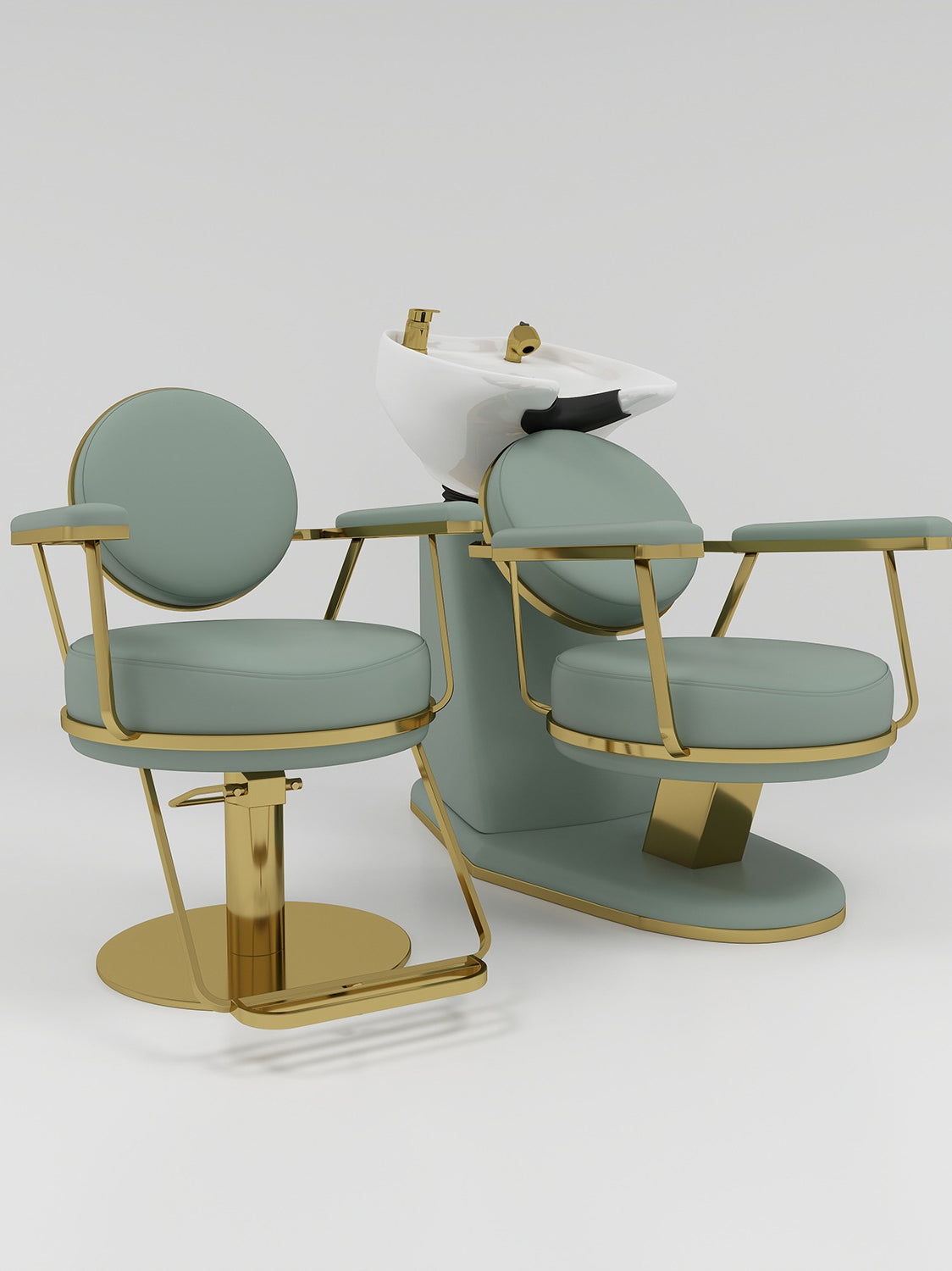 Circle Hairbasin with matching styling chair in sage green and gold