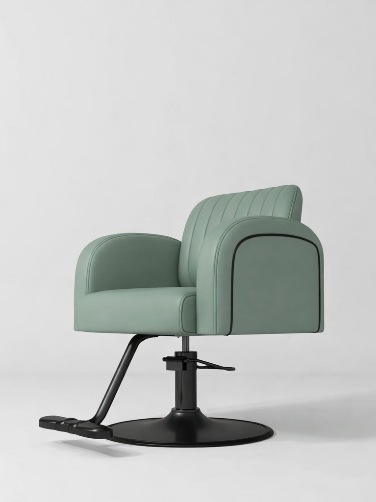 Sage Green Leather Hair Chair with Black Circle Base and Piping