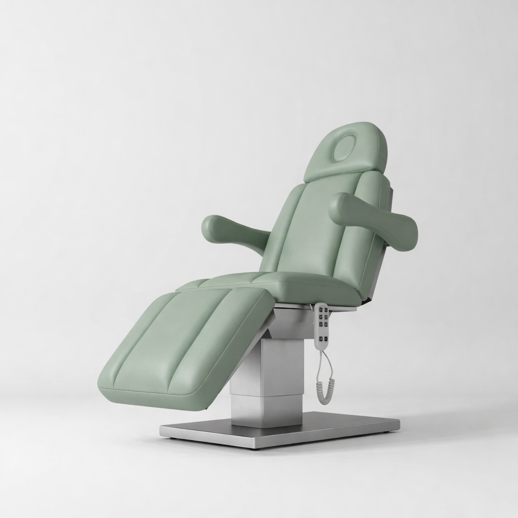 Vegan Leather Green Bed with Silver Stainless Steel Base and Electric Hand Remote