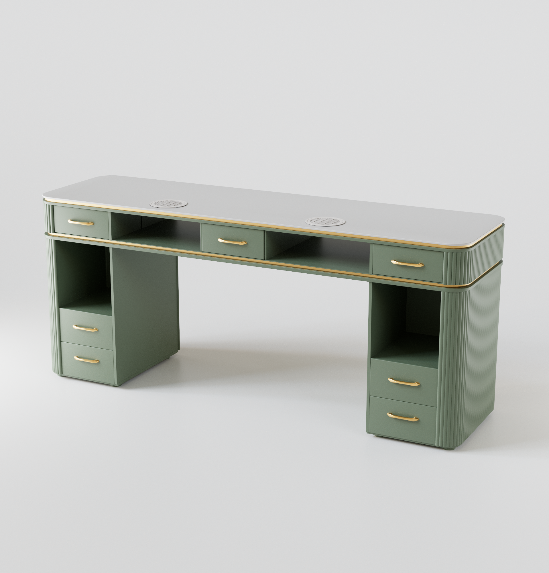 Sage green nail desk with gold handles and fluted panels for nail salons