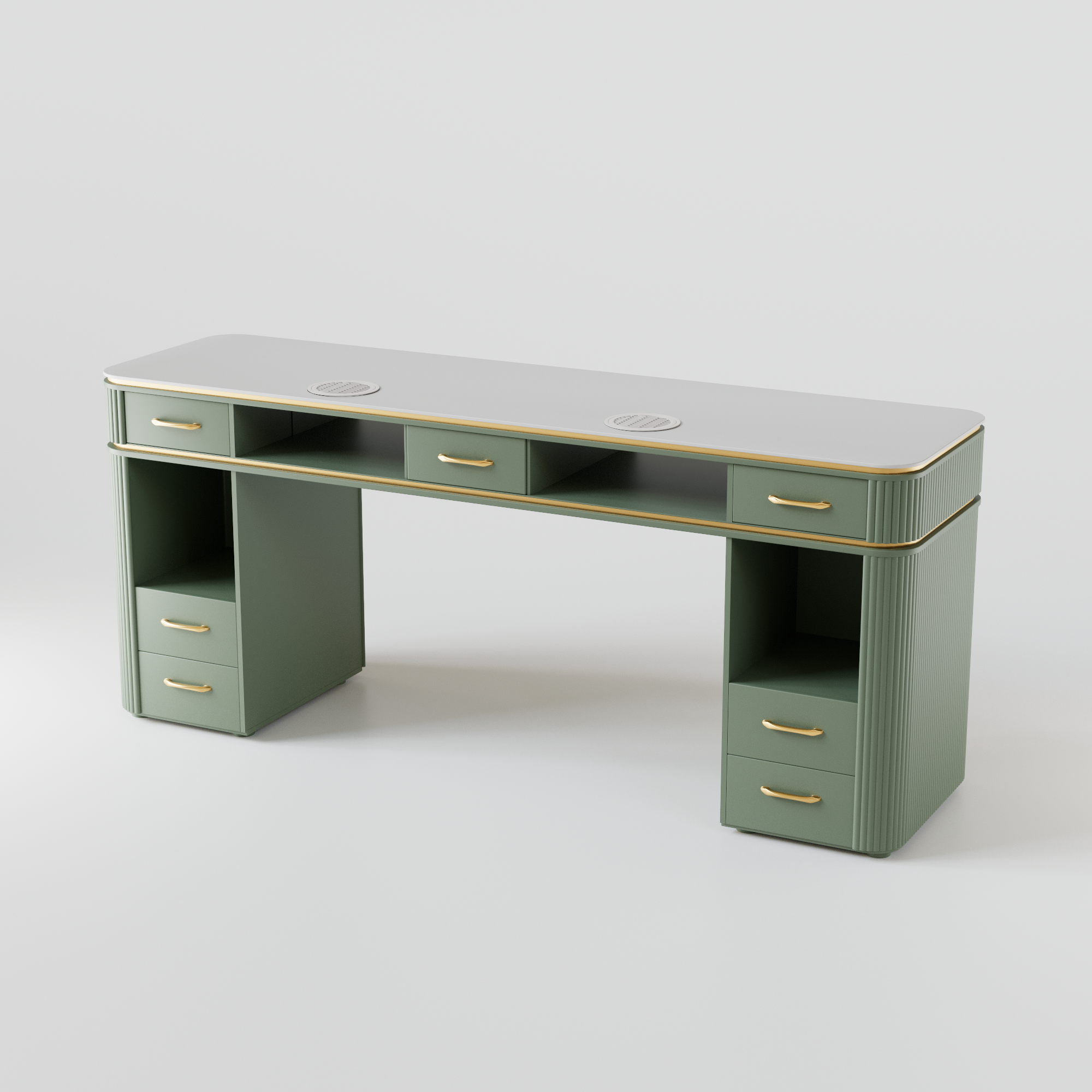 Sage green nail desk with gold handles and fluted panels for nail salons