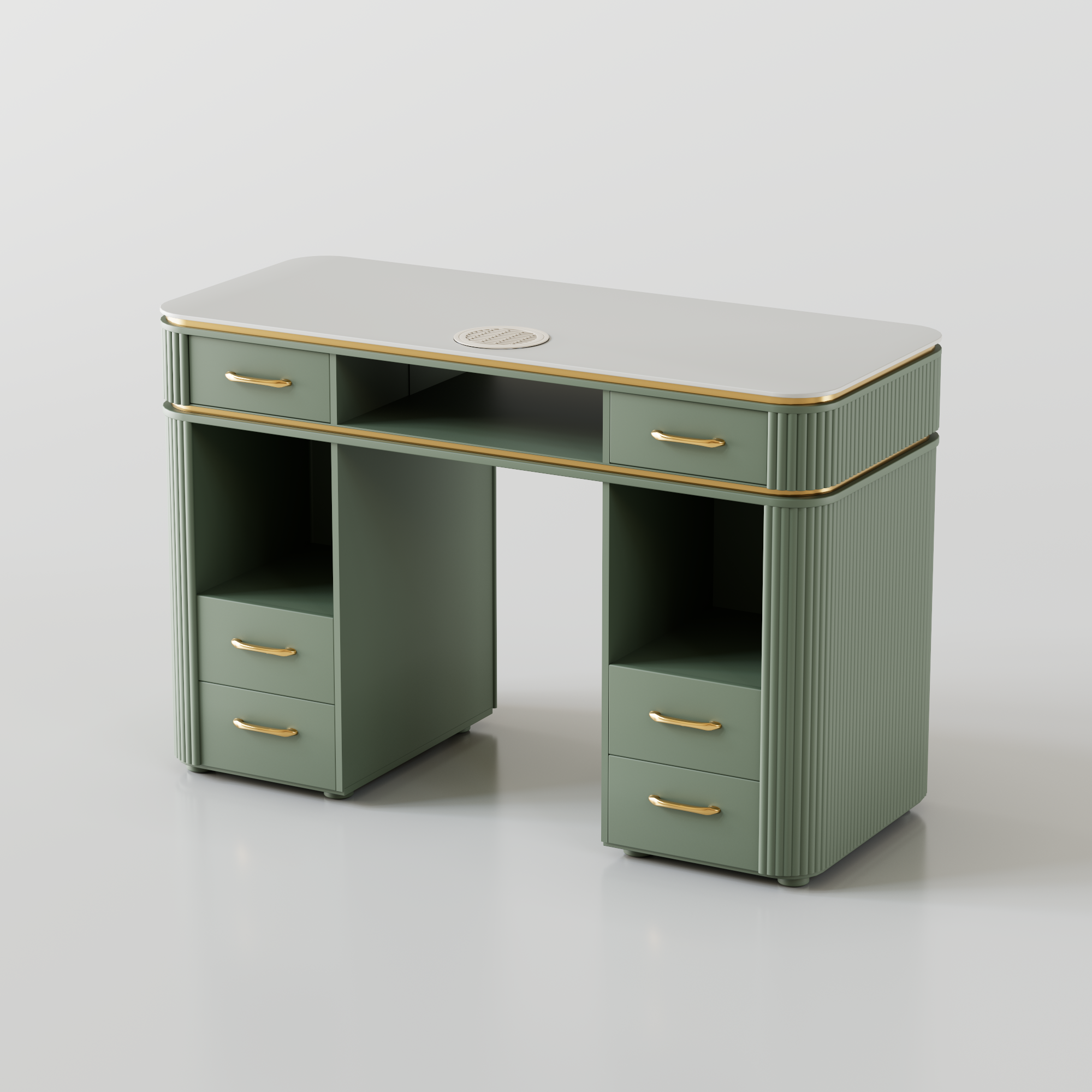 A luxury nail desk for one person with gold handles and fluted panels