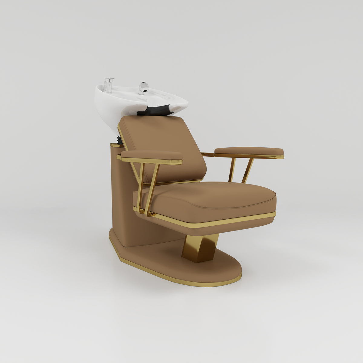 Soft Brown Backwash Unit with Gold Trim and Silver Accessories