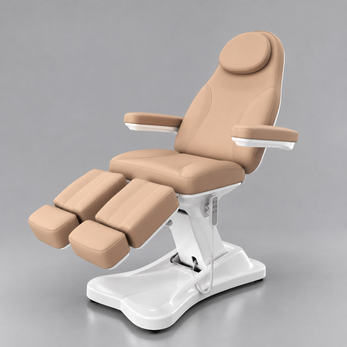 A soft brown and white adjustable spa chair with a headrest, armrests, and a footrest, shown on a neutral gray background.