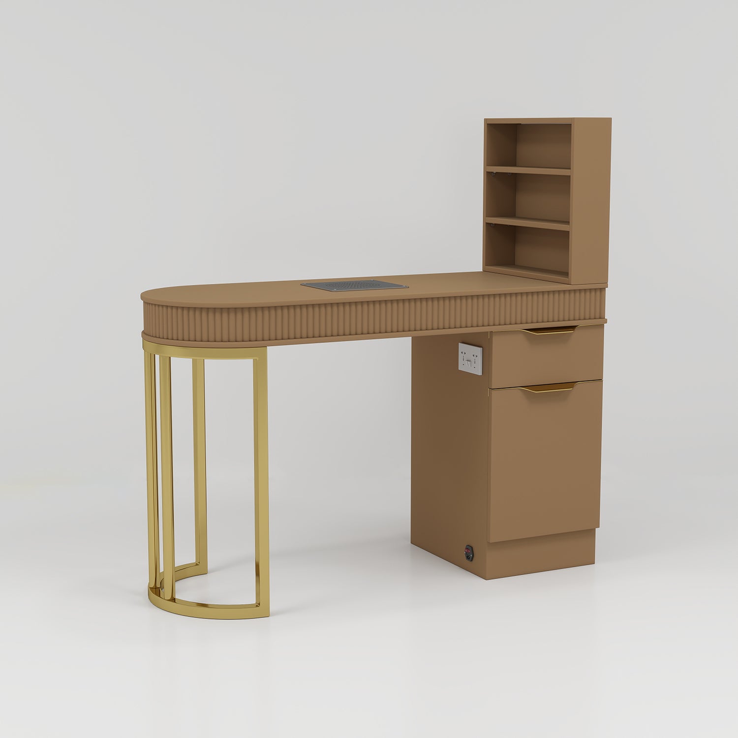 Brown Manicure Table with Gold Legs, Draws and Cabinets