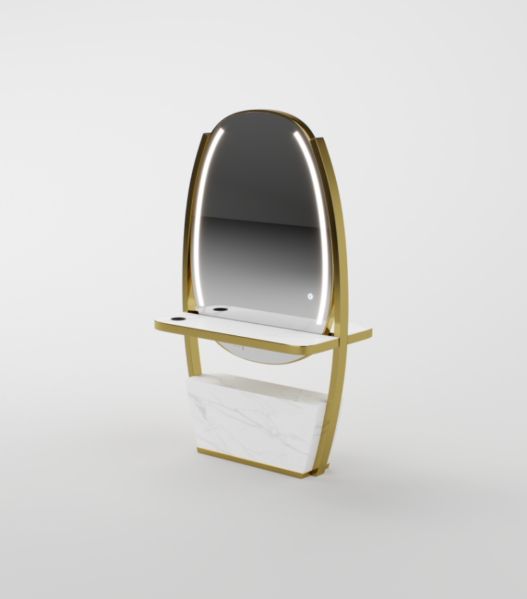 Double sided hairdressing mirror with gold frame and white marble effect