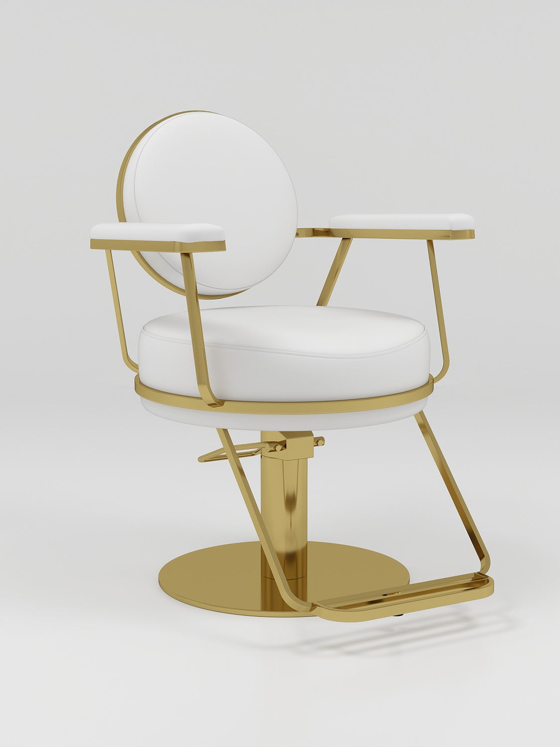 White leather circle based hair styling chair with gold footrest