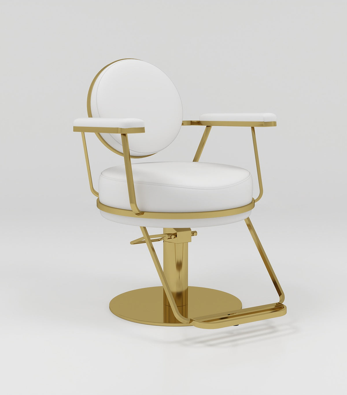 White leather circle based hair styling chair with gold footrest