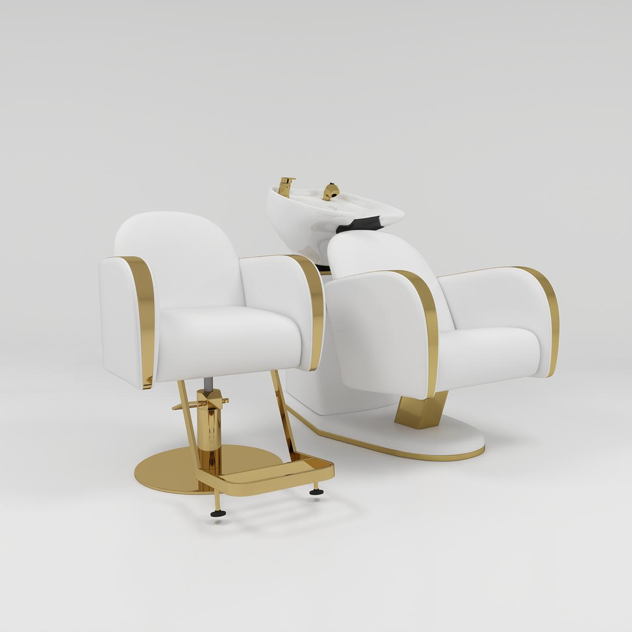 White and gold styling chair and hairbawash