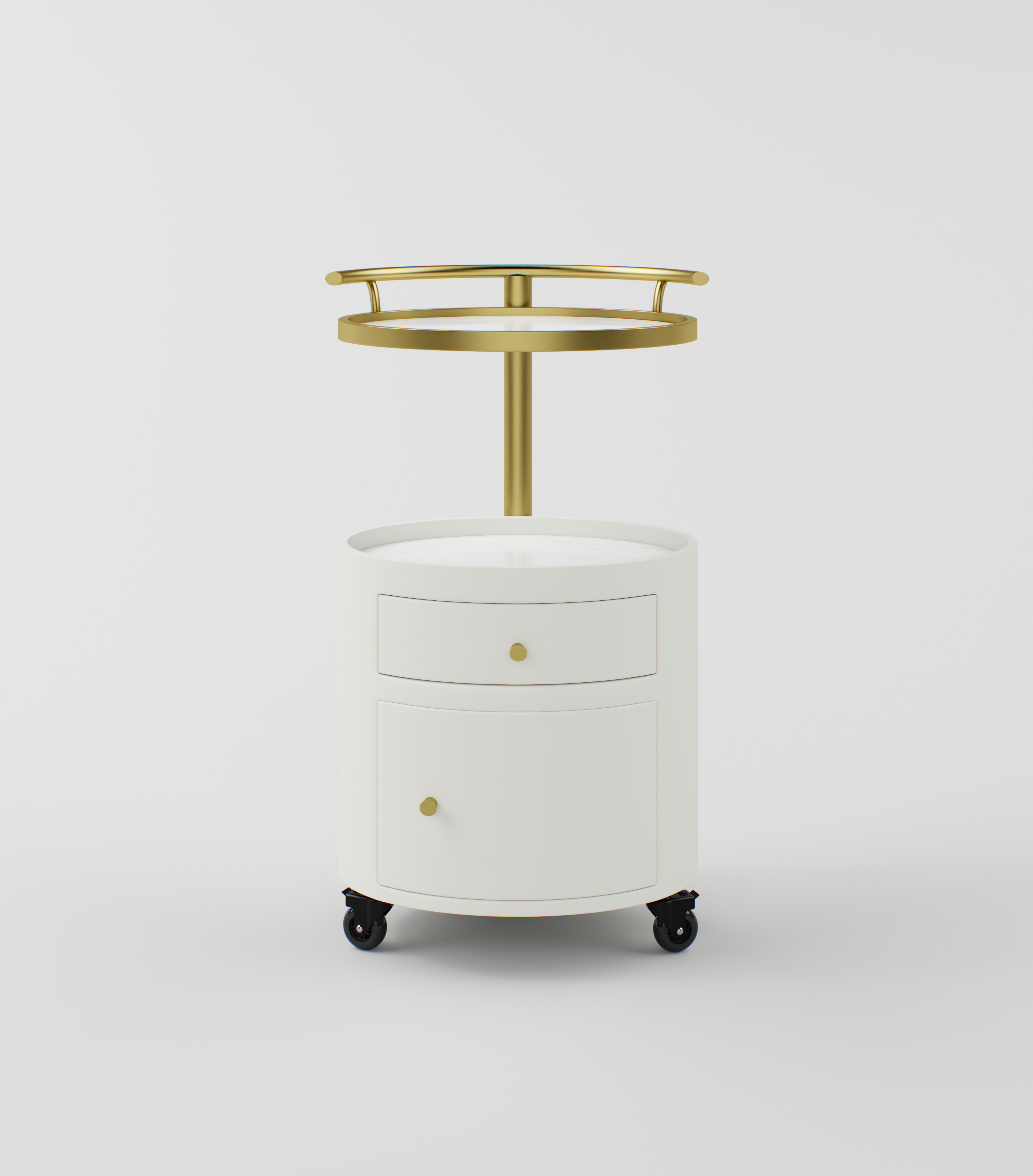 Maeva trolley featuring a gold stainless steel upper rail and modern oval shape.